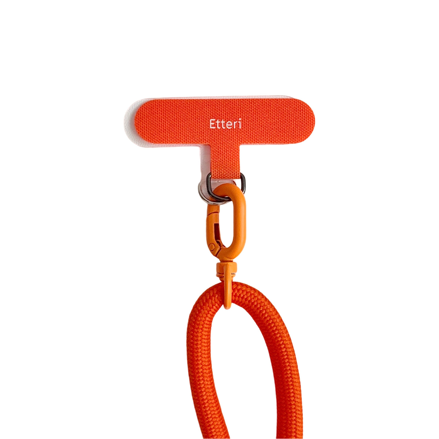 Un cinturino per telefono arancione con il nome "Etteri".