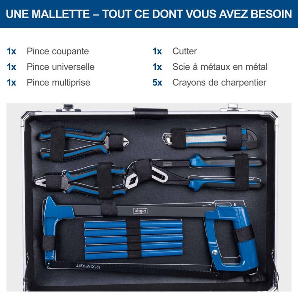 Toolcase with pliers, cutter, metal saw, and pencils.
