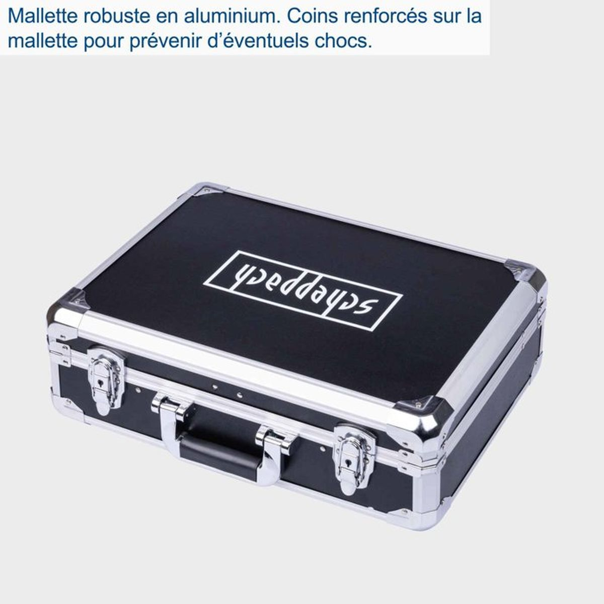 Robust black aluminum case with silver fittings and handle.