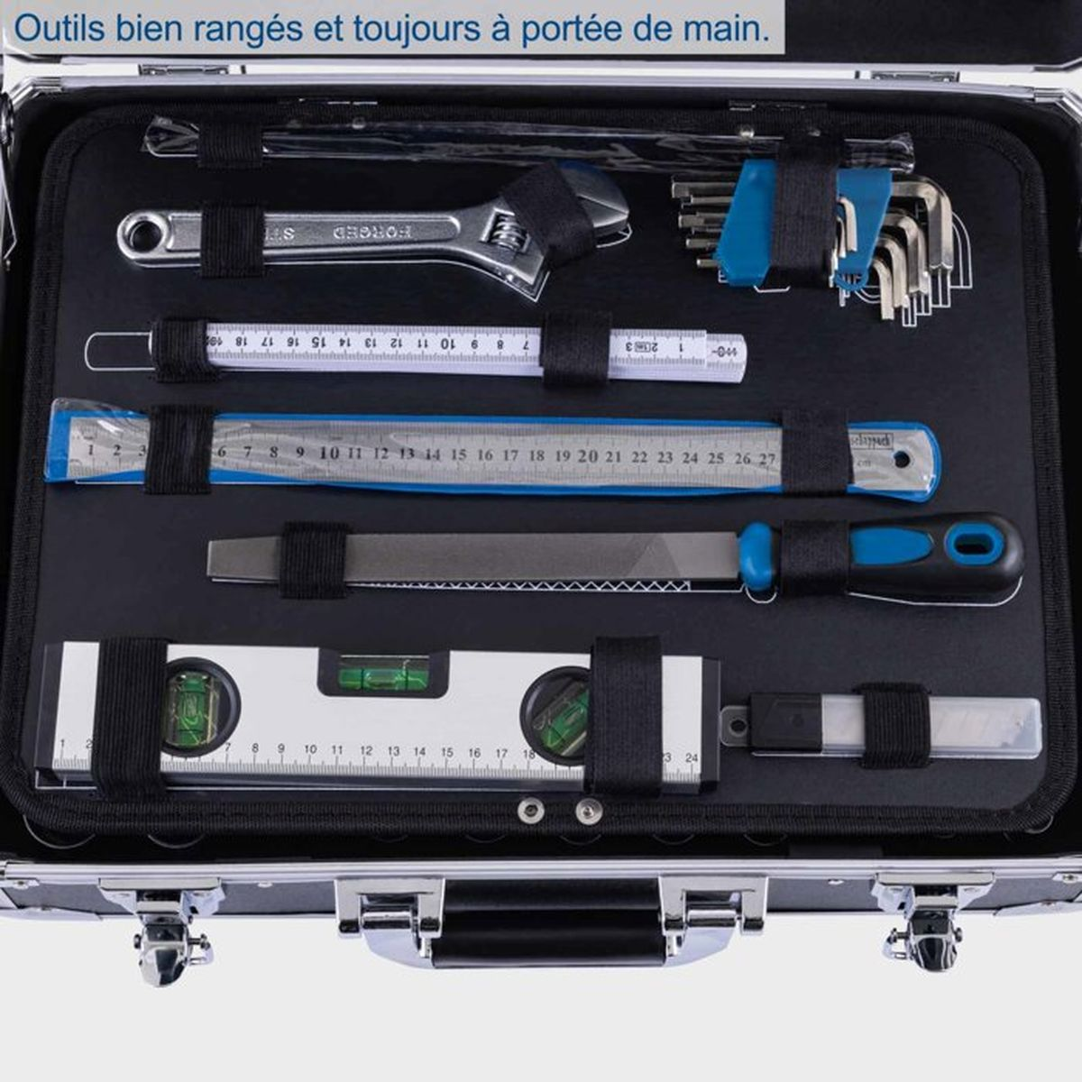 Toolcase with adjustable wrench, tape measure, spirit level, and file. Tools neatly arranged.
