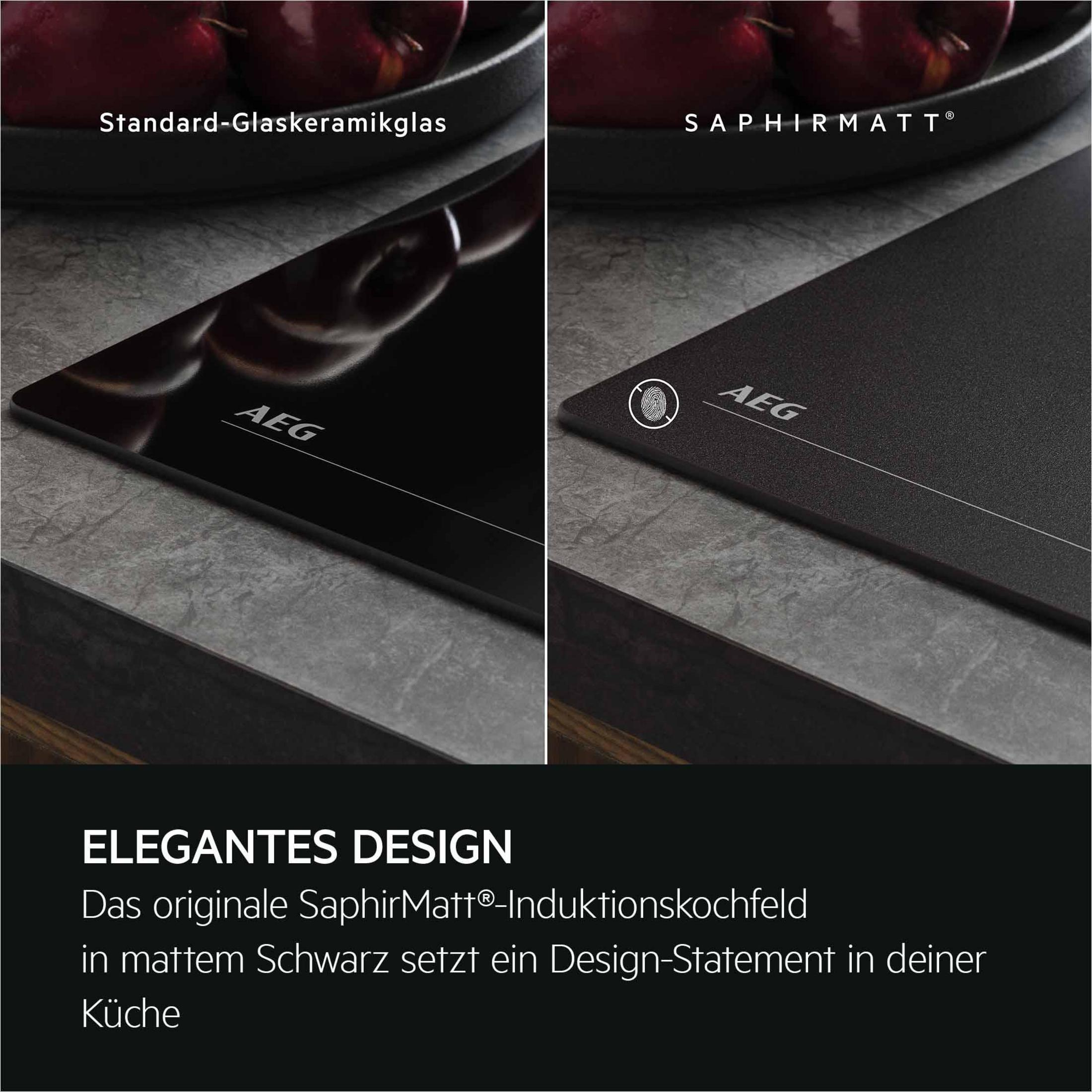 Deux tables de cuisson AEG en comparaison directe : vitrocéramique et SaphirMatt noir mat.