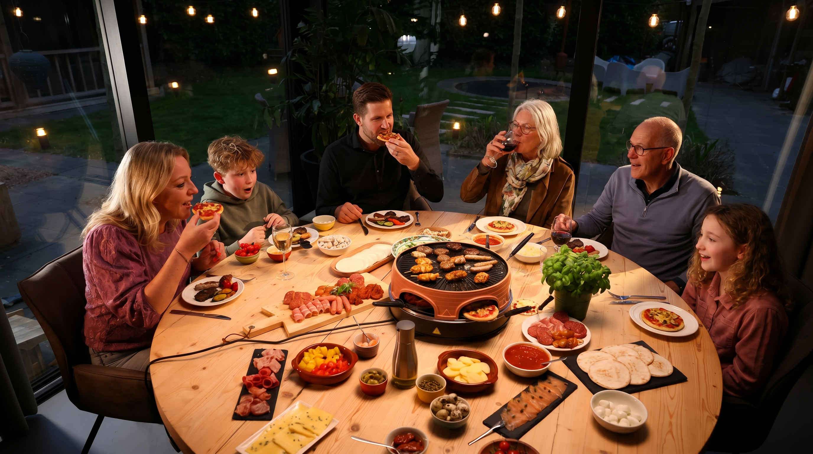 A family enjoys an outdoor raclette dinner with mini pizzas, meats, and sides.