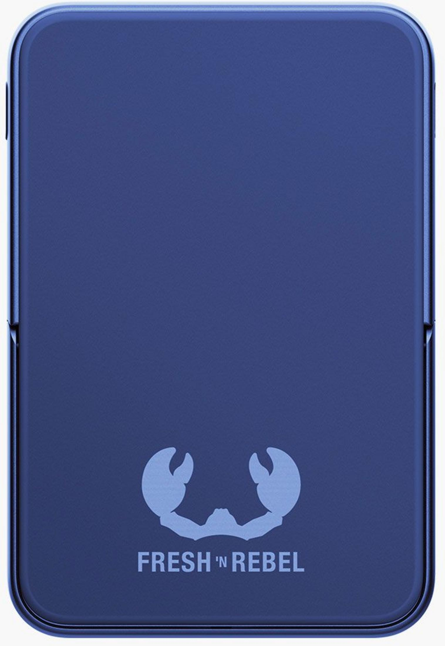 Custodia blu scuro con logo granchio bianco e testo FRESH 'N REBEL.