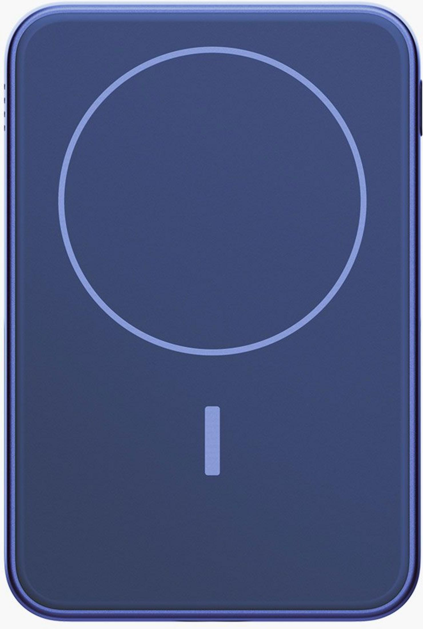 Custodia blu scuro con cerchio azzurro e linea verticale.