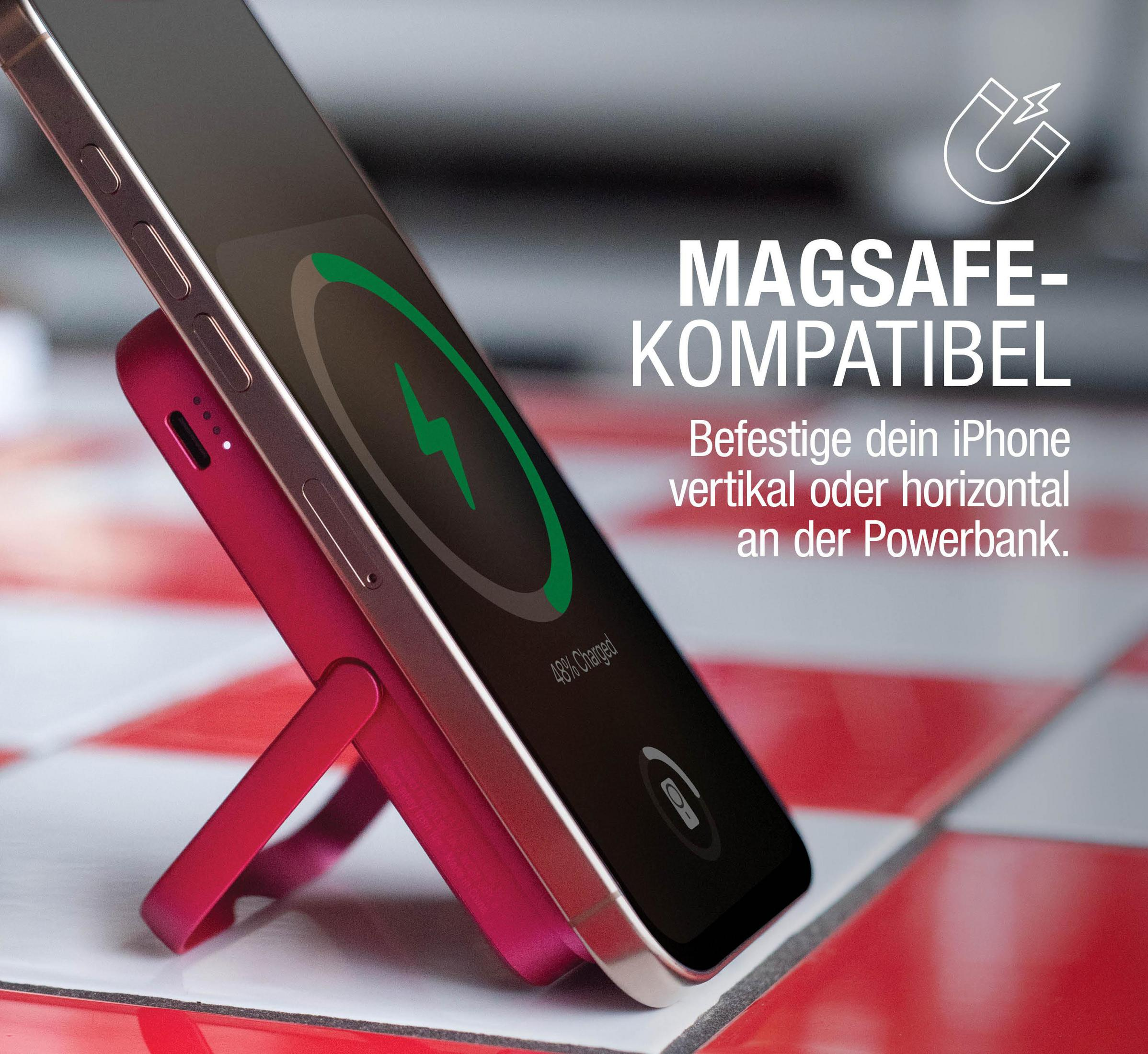 MagSafe-kompatible Powerbank mit iPhone, 48% geladen, auf kariertem Untergrund.