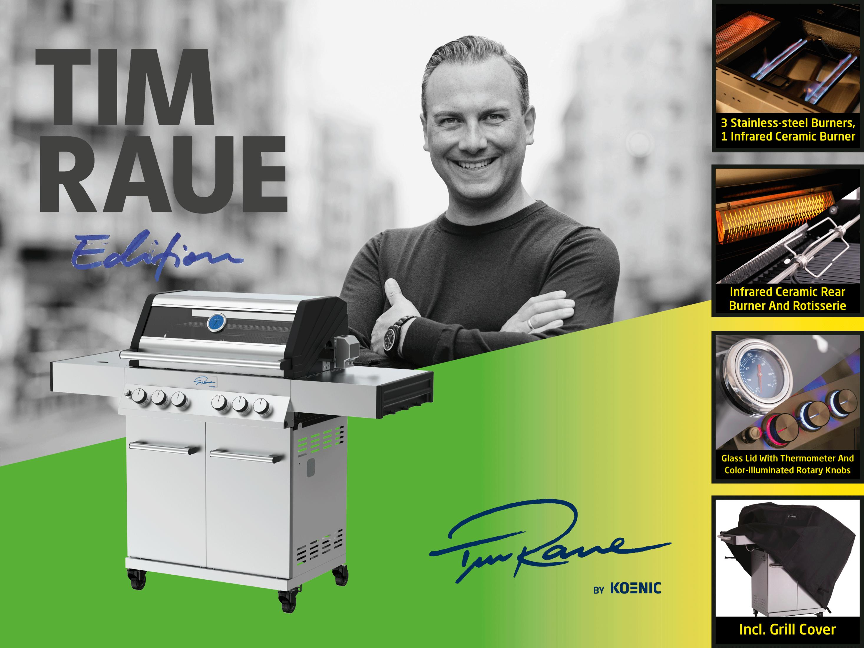 Tim Raues Grill mit Koch, Edelstahl, drei Brennern und Glasdeckel.