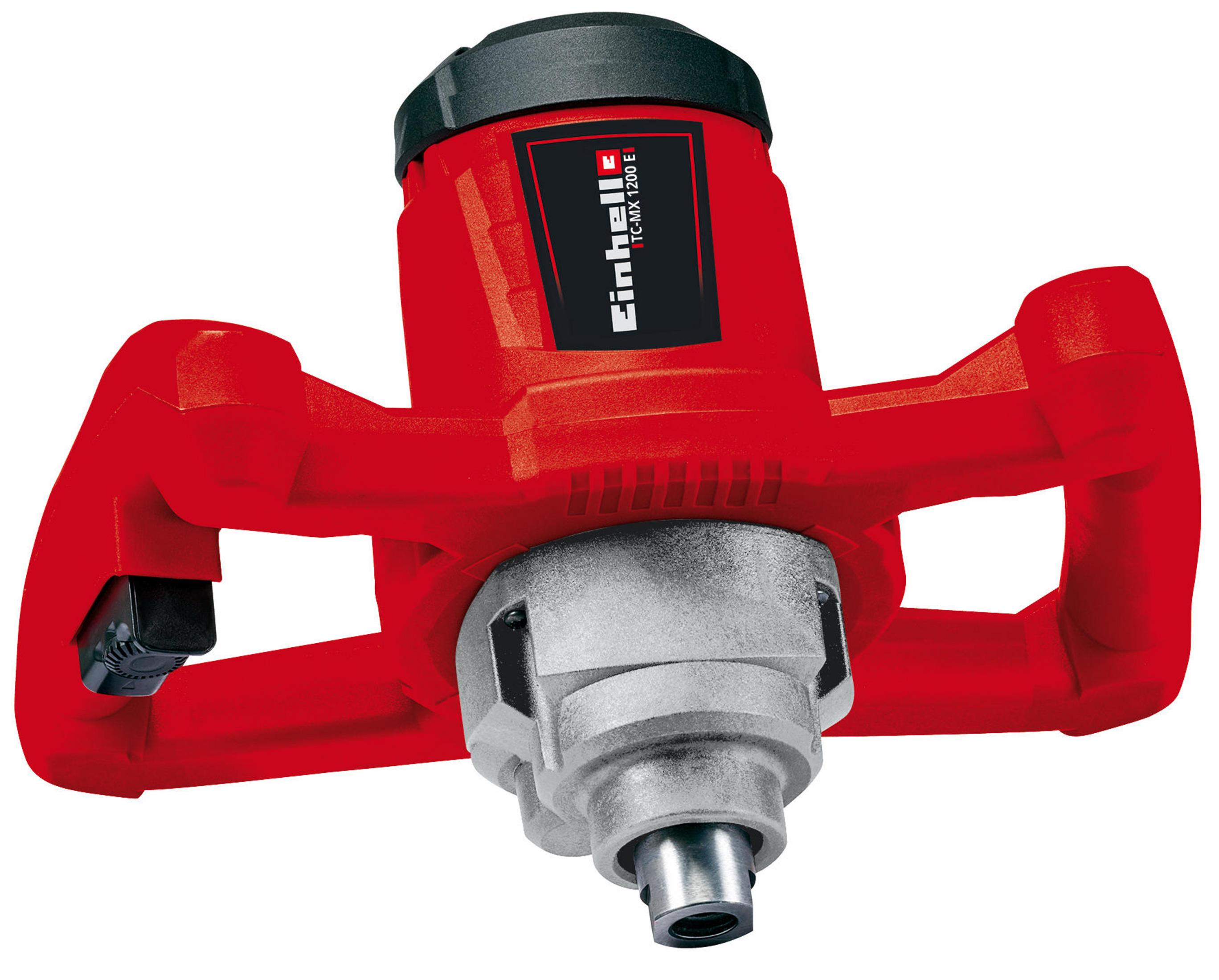 Rode Einhell mixer TC-MX 1200 E met zilveren metalen tandwielkast.