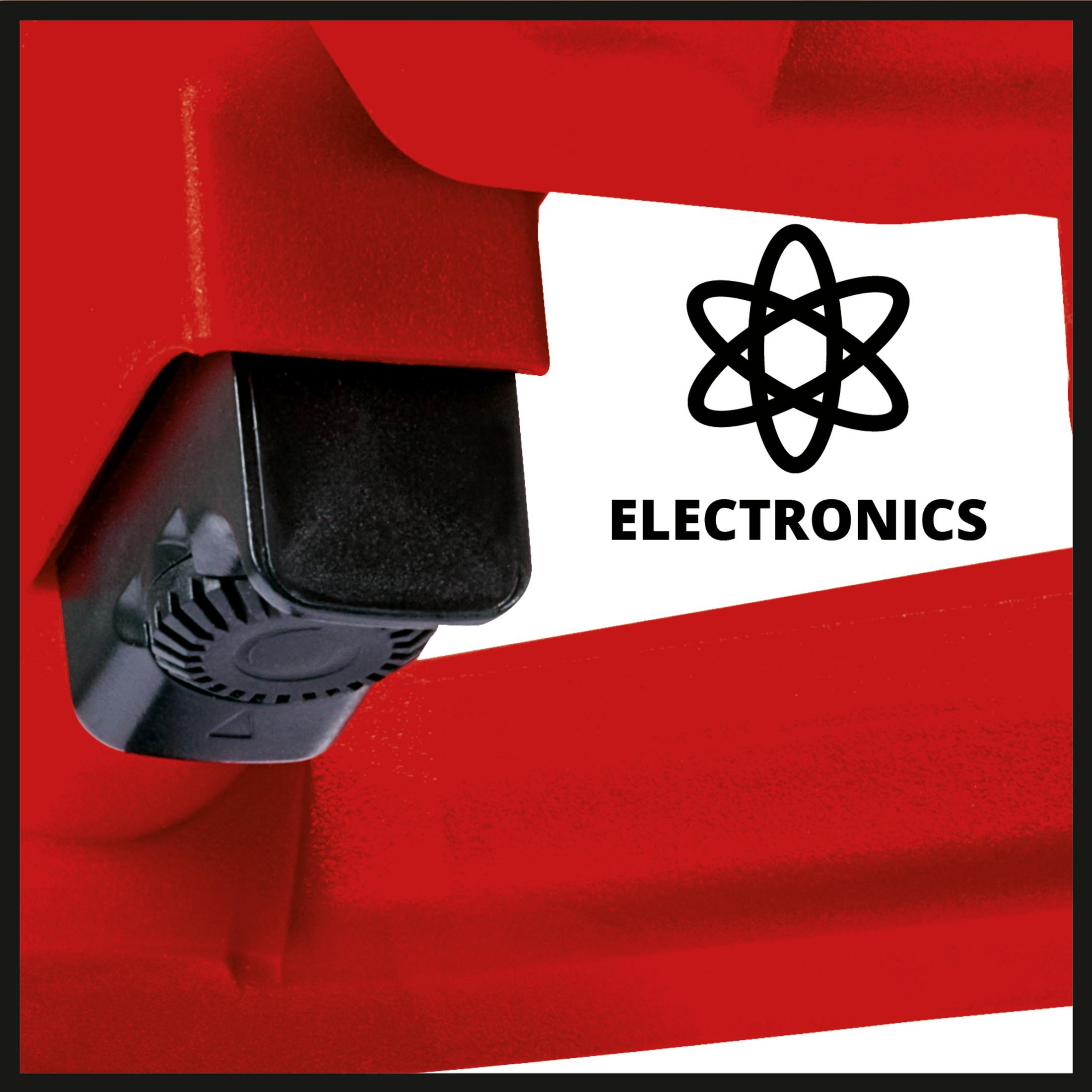 Rood gereedschapshandvat met zwart deel en atoom symbool boven ELEKTRONICA tekst.