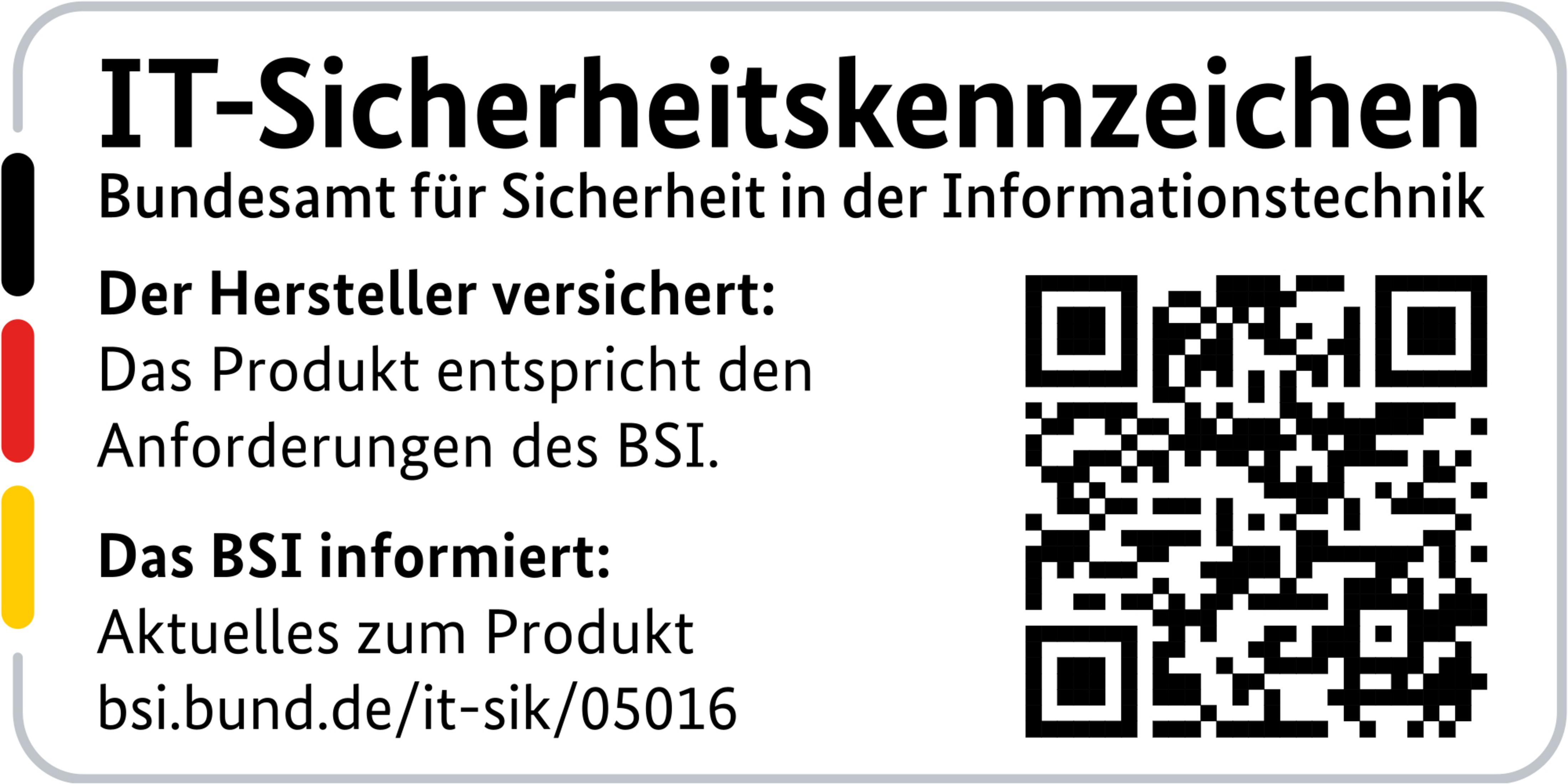 IT-beveiligingskeurmerk van het BSI met QR-code en tekst.