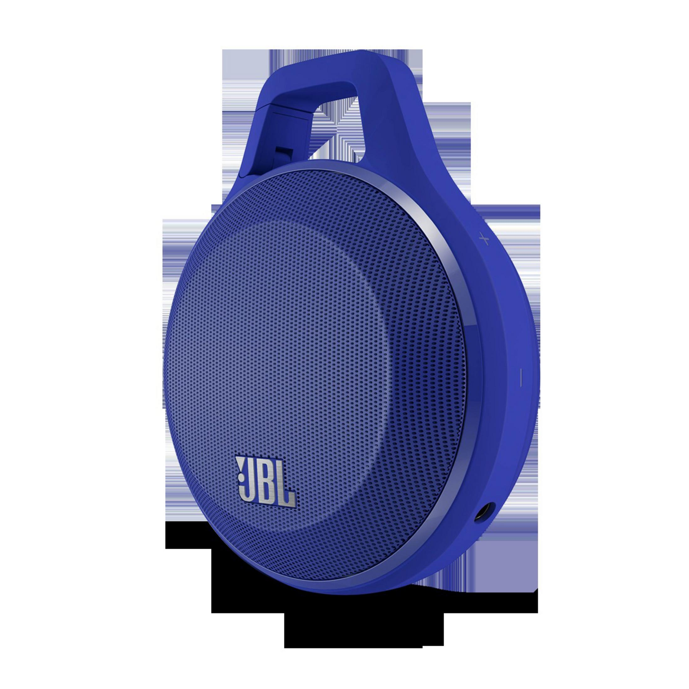 Blaue JBL-Box mit Griff und silbernem Ring, mit Lochmuster.
