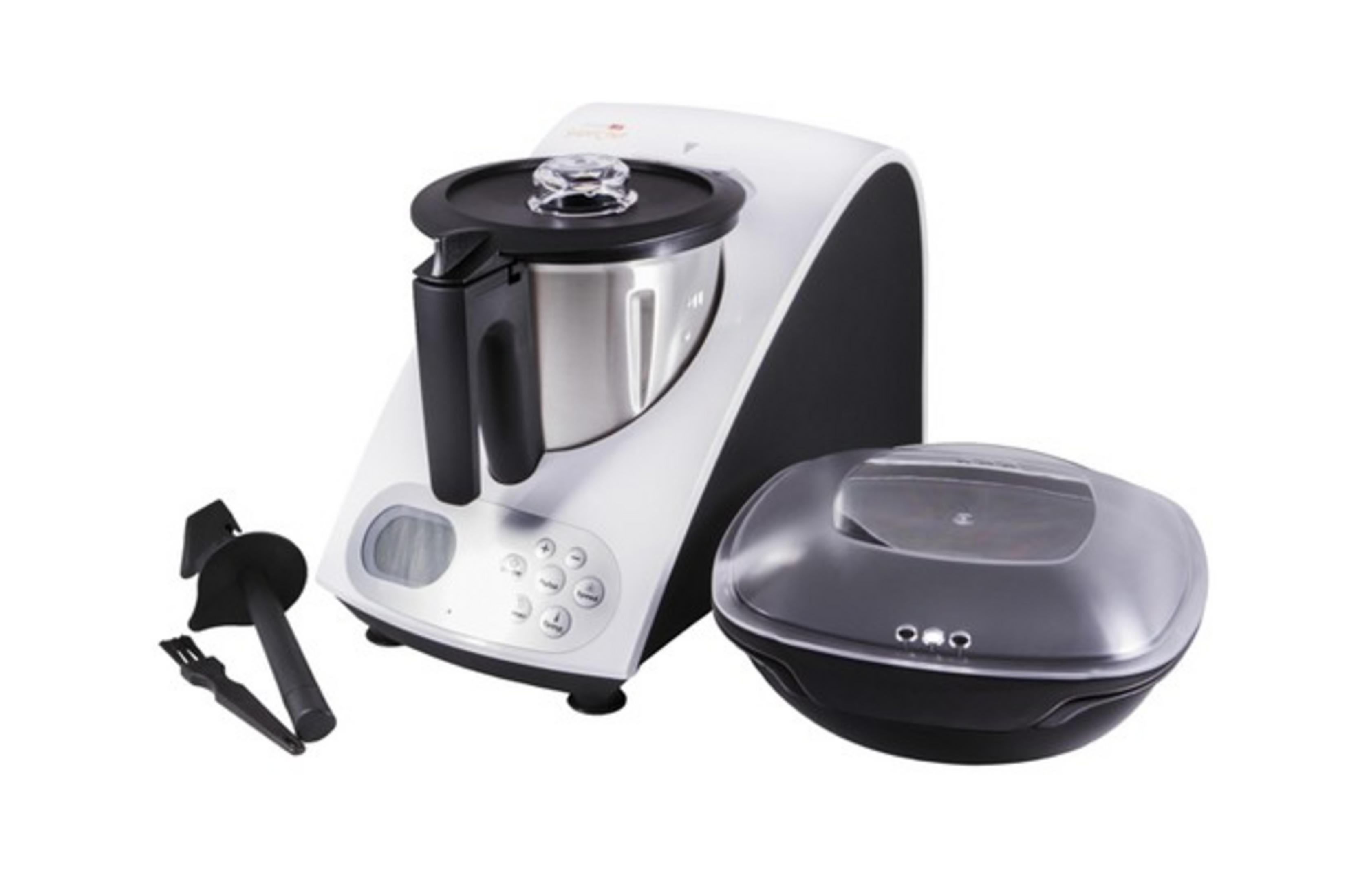 Un electrodoméstico de cocina blanco con bol plateado, tapa negra y accesorios.