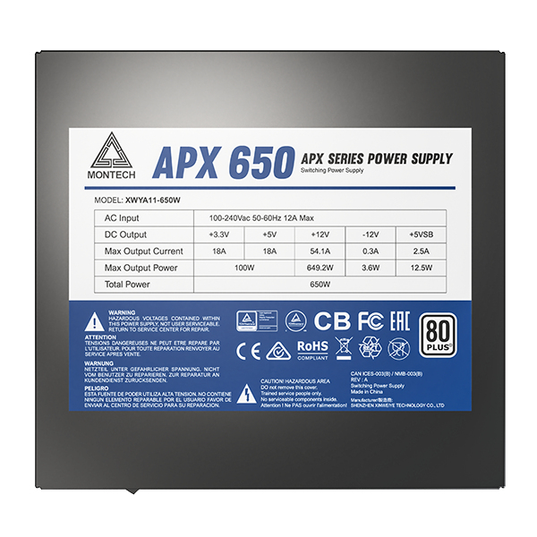 Montech APX 650 Netzteil mit Spezifikationen und Warnhinweisen.