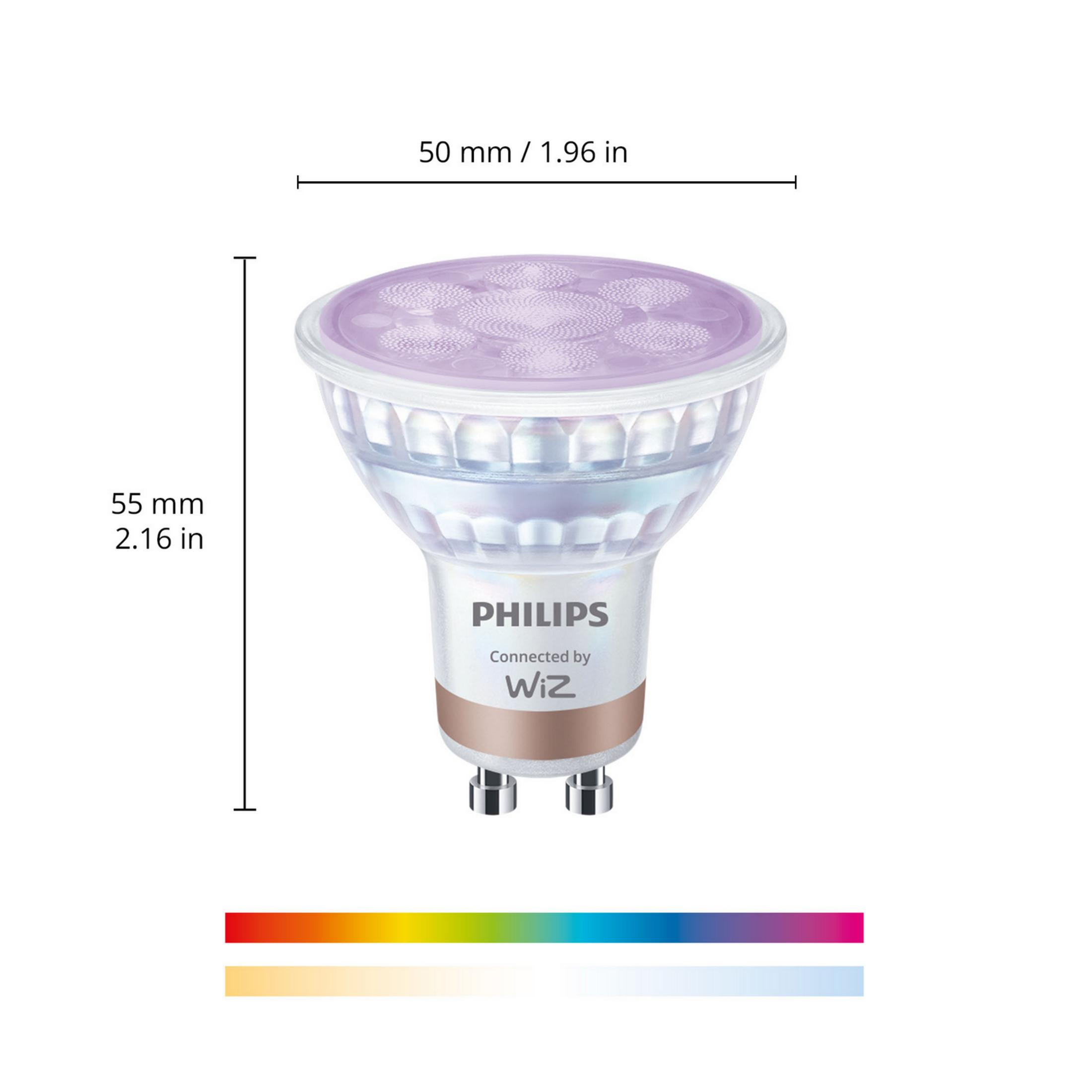 Lampadina Philips Wiz, 50x55mm, mostra spettro colori.