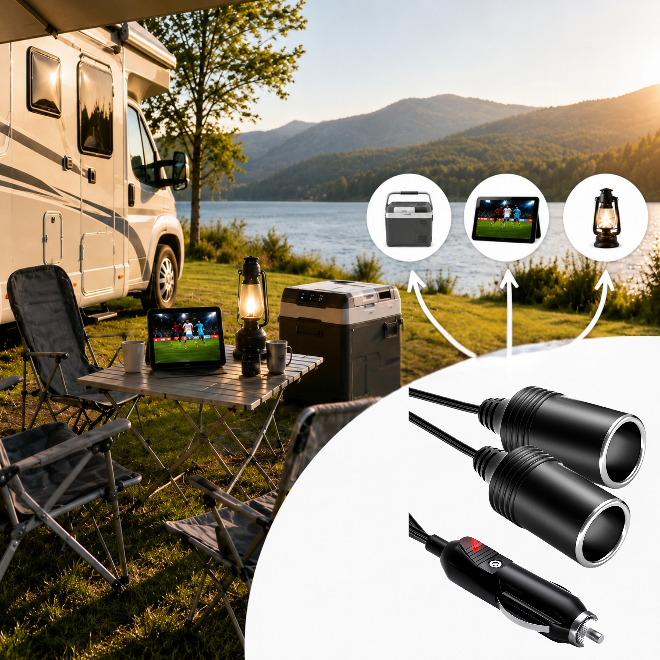 Wohnmobil am See mit Tisch, Stühlen und Geräten. Netzadapter im Vordergrund.