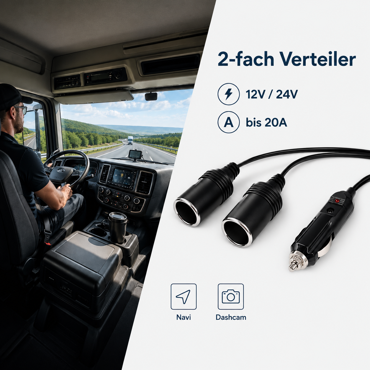 LKW-Fahrer fährt auf Autobahn; daneben ein 2-fach Verteiler für 12V/24V bis 20A.