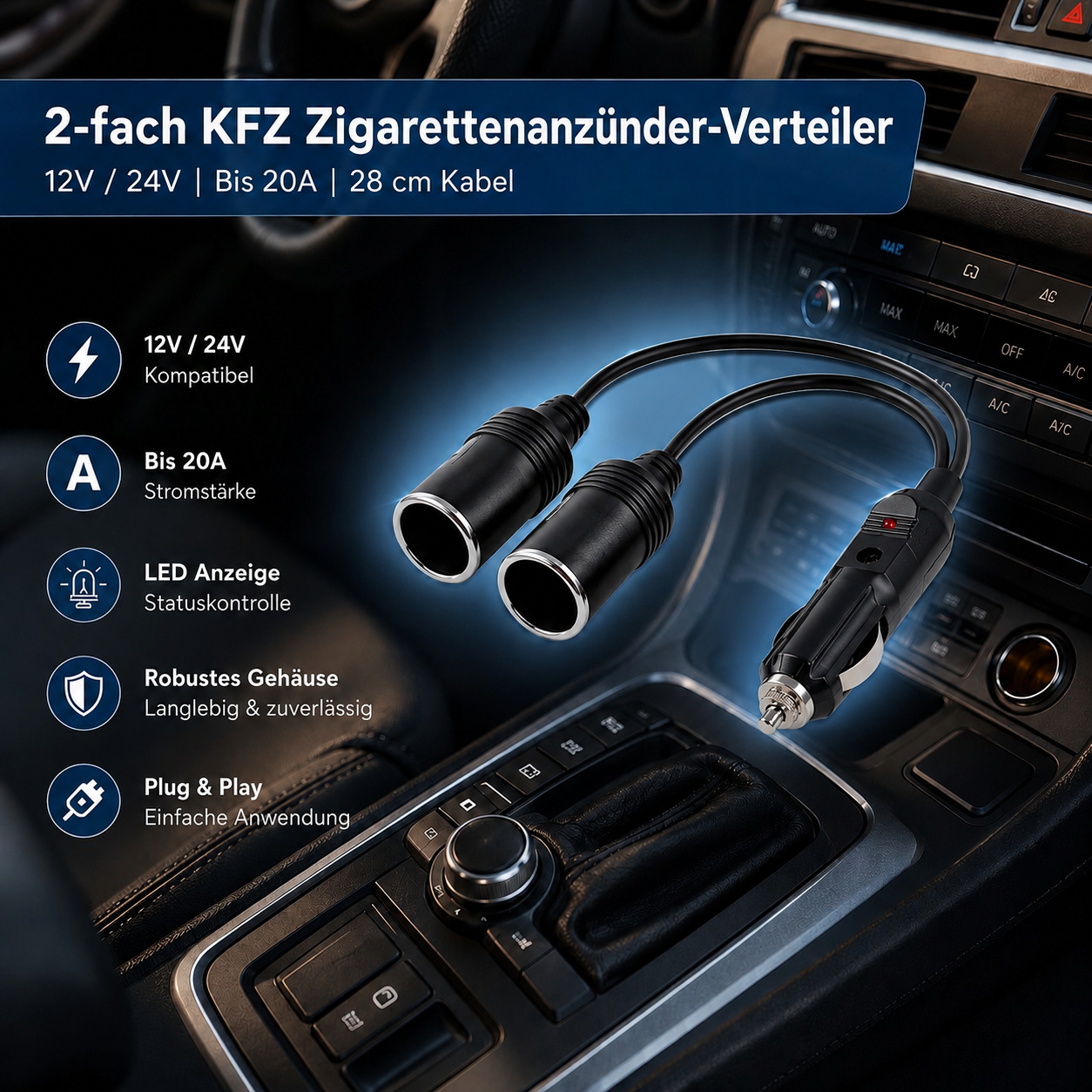Ein schwarzer Kfz-Zigarettenanzünder-Splitter mit zwei Buchsen und LED-Anzeige.