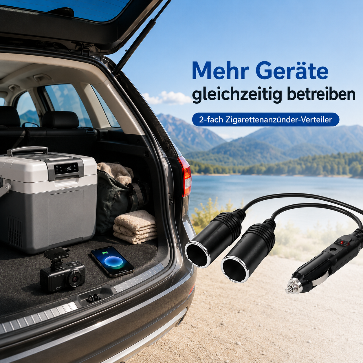 Ein Auto mit offener Heckklappe steht am Ufer. Im Kofferraum: Kühlbox, Tasche, Handy, Kamera. Zigar. Verteiler liegt vorn.