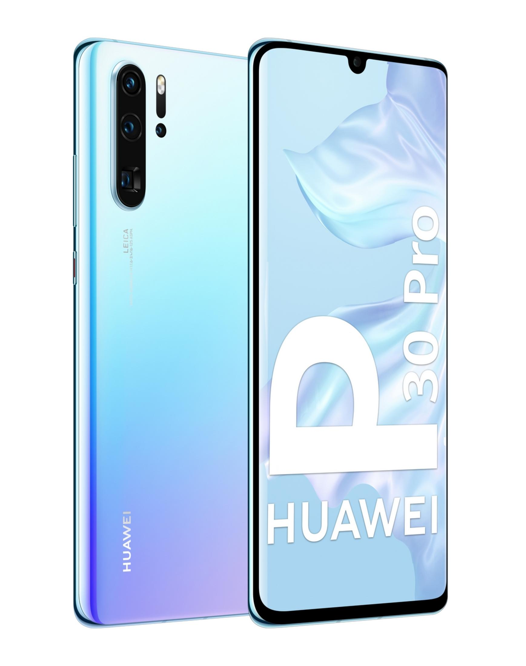 Een blauwe Huawei P30 Pro smartphone met drie camera's aan de achterkant.