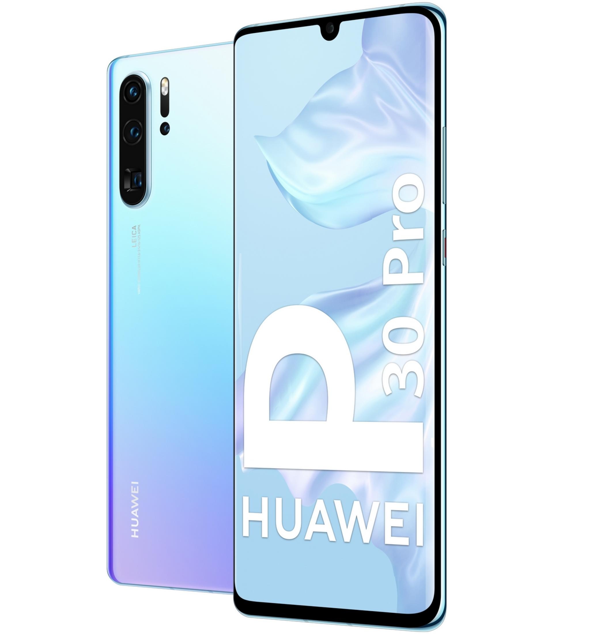 Een lichtblauwe Huawei P30 Pro smartphone met de achtercamera's.