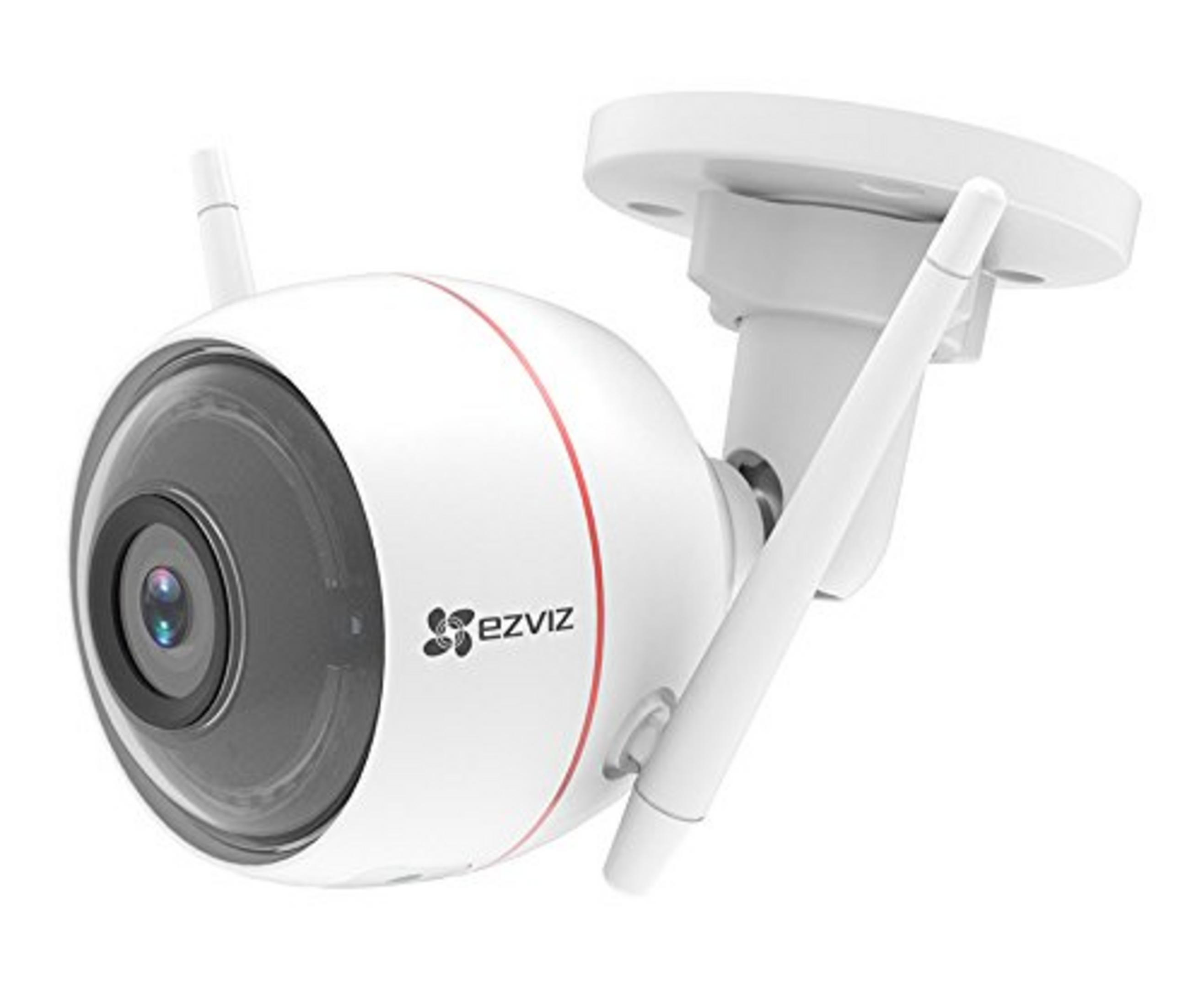Una telecamera di sicurezza bianca con due antenne e una striscia rossa.