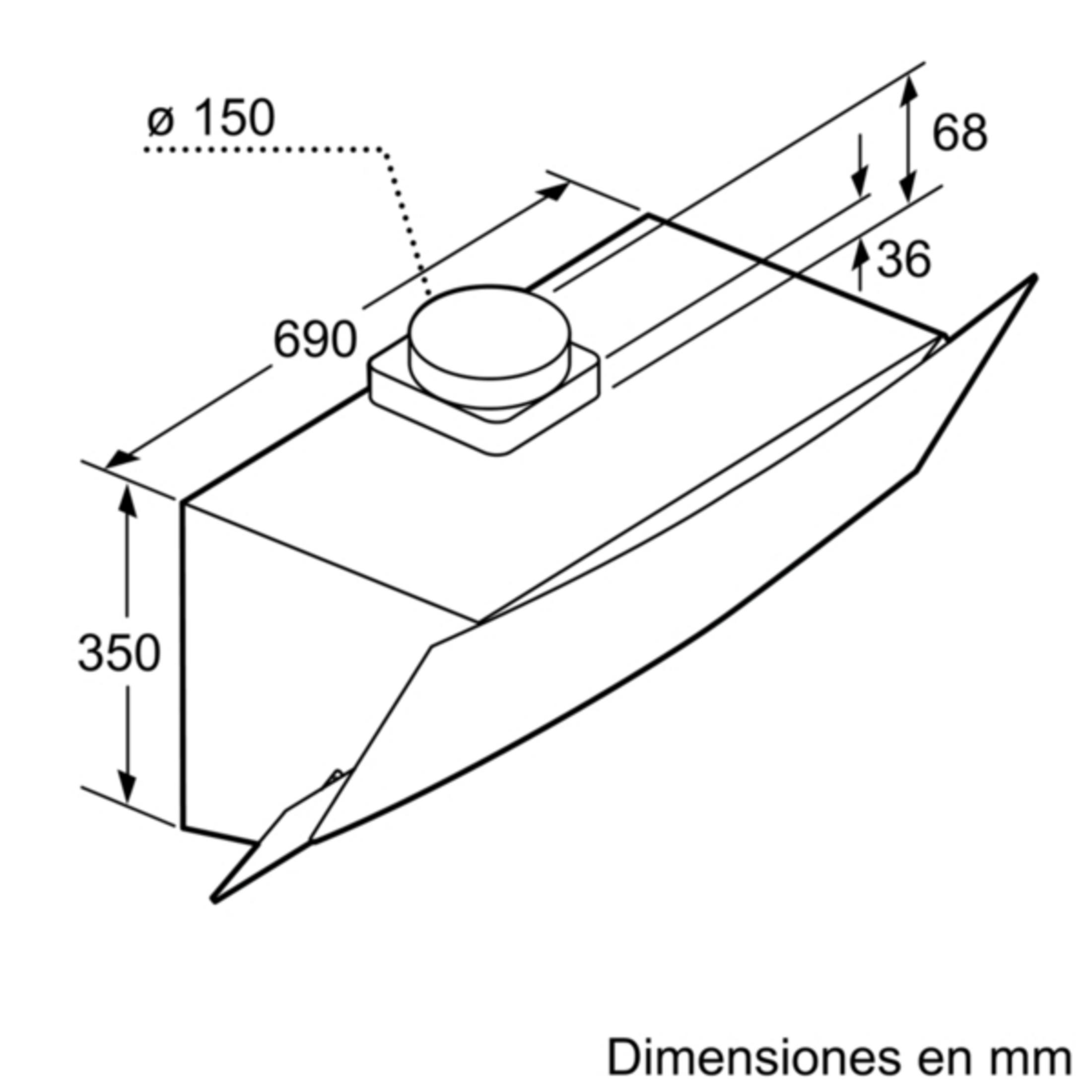 Dibujo técnico de un elemento de campana extractora con dimensiones.