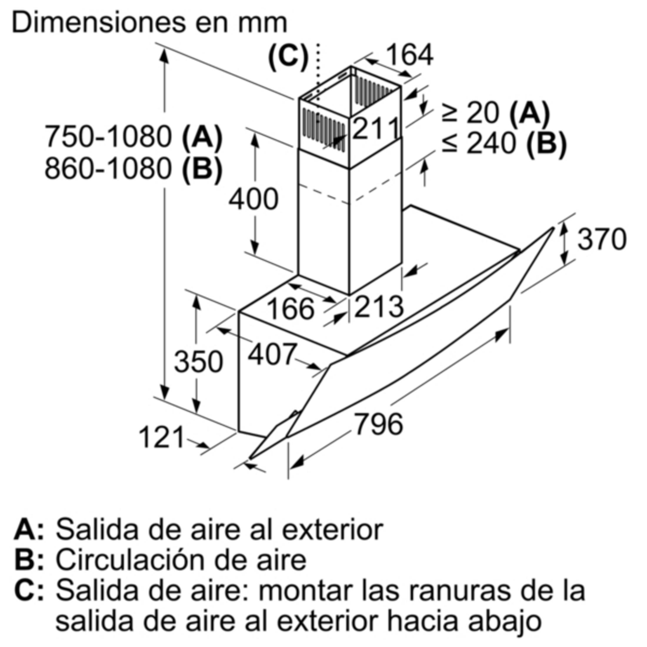 Dibujo técnico de una campana extractora con dimensiones.