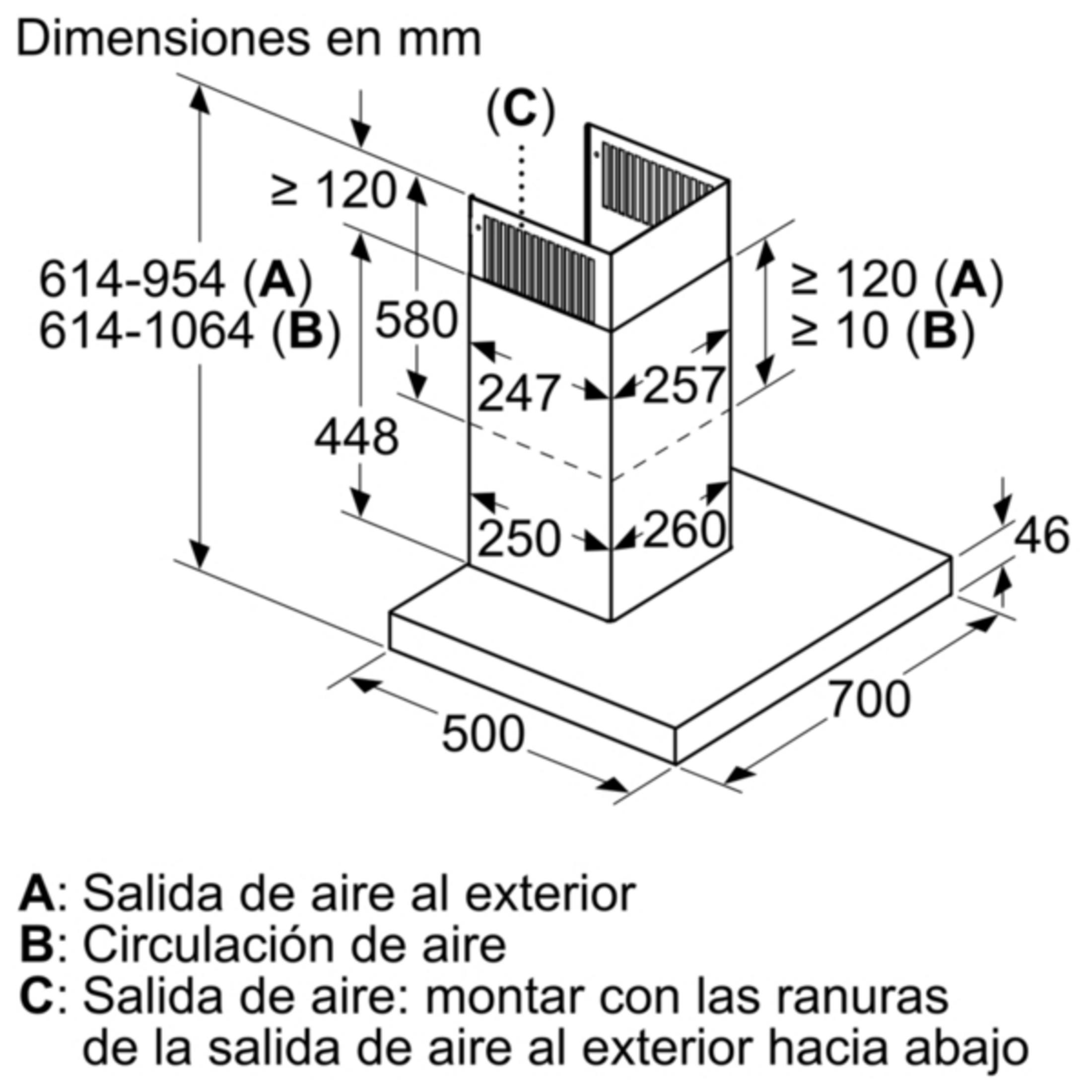 Dibujo técnico de una campana extractora con dimensiones en mm.