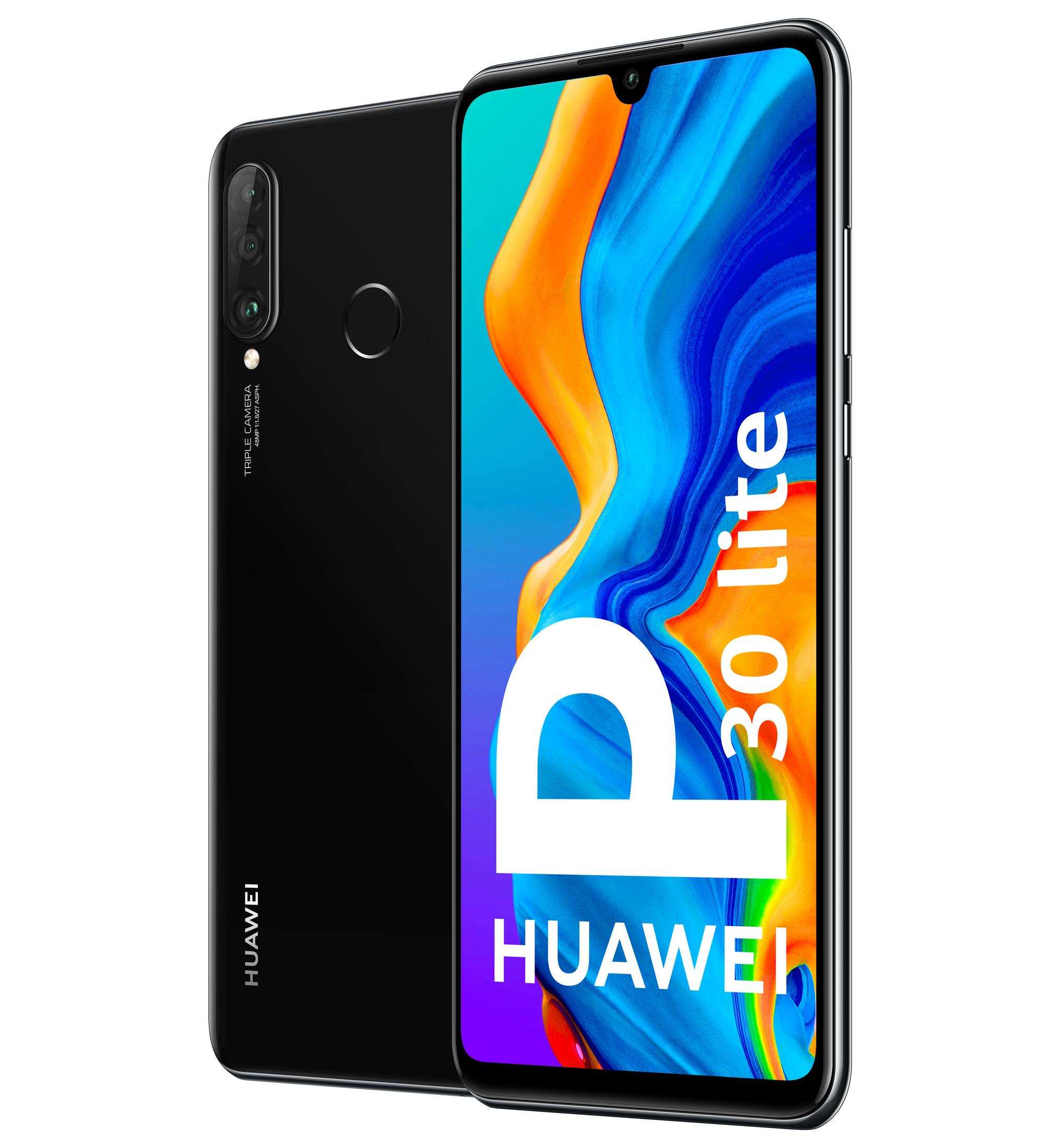 Czarny Huawei P30 Lite z potrójnym aparatem i kolorowym ekranem.