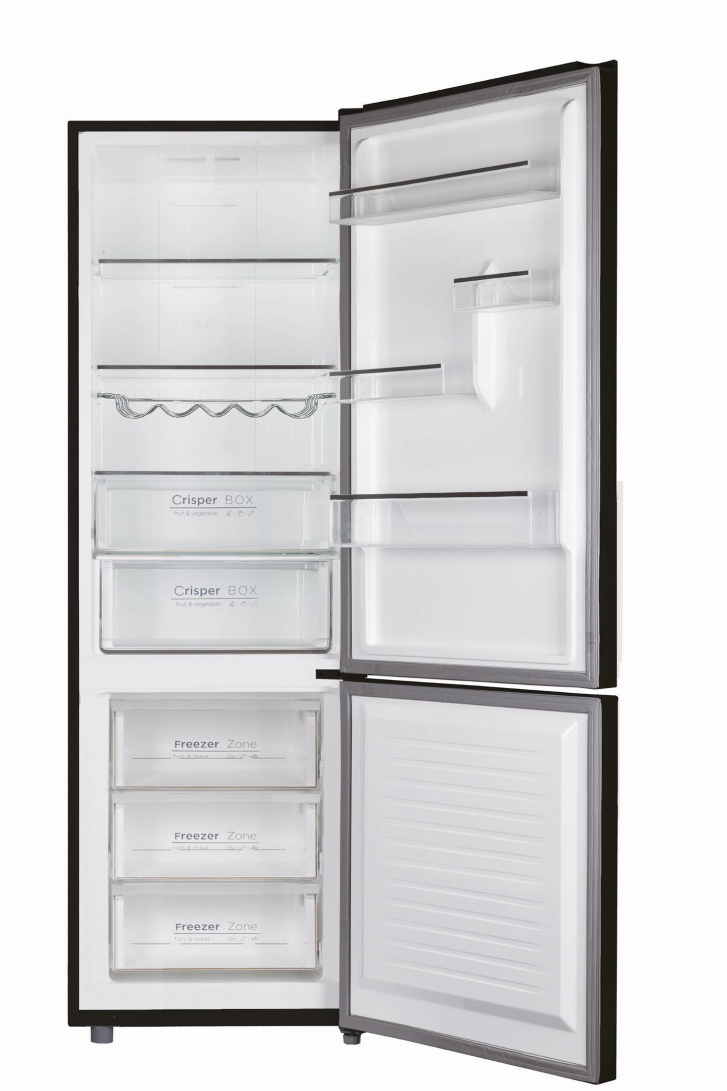 Refrigerador abierto con cajones transparentes y cajones congeladores.