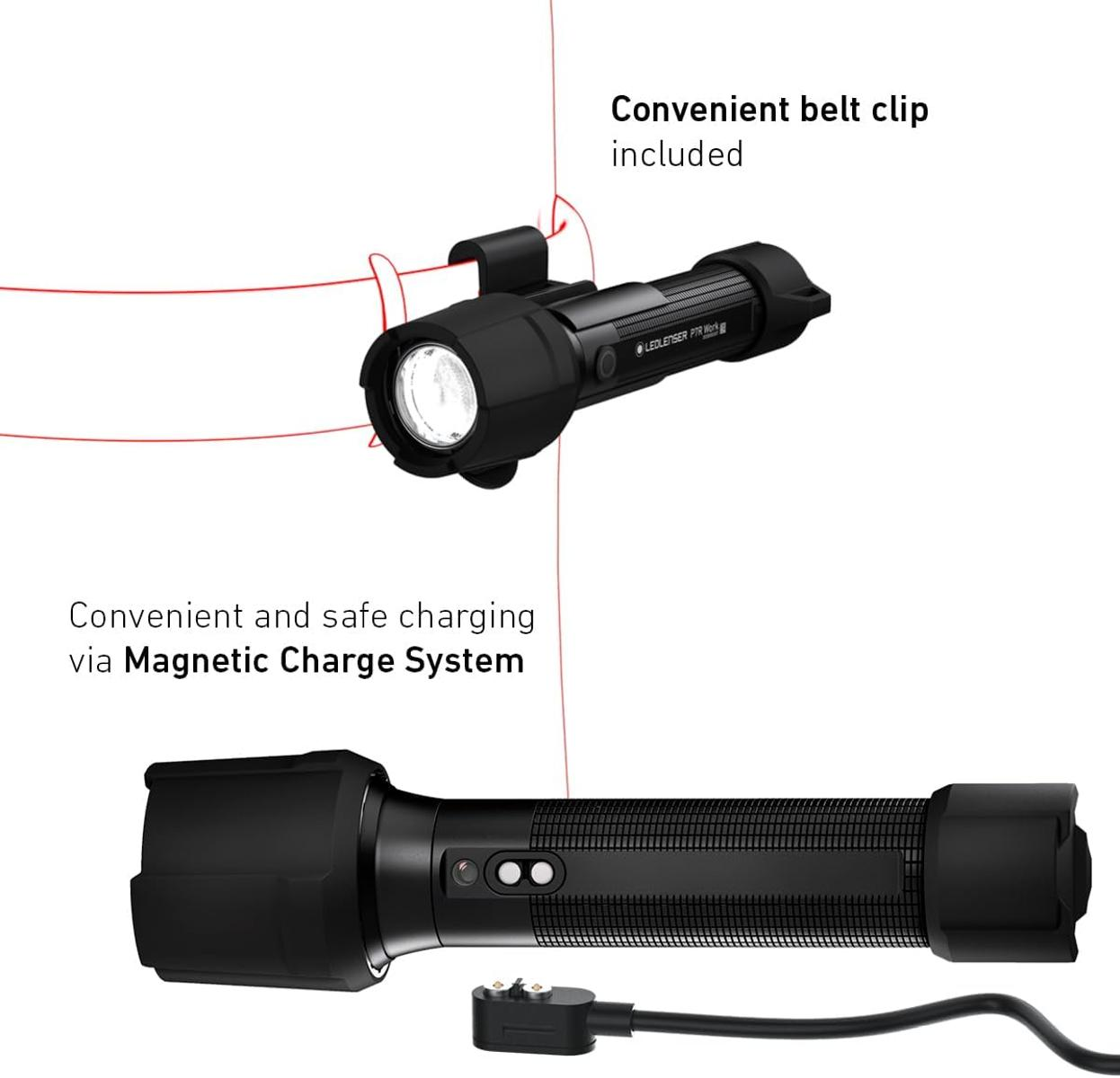 Torcia nera con sistema di ricarica magnetico e clip da cintura.