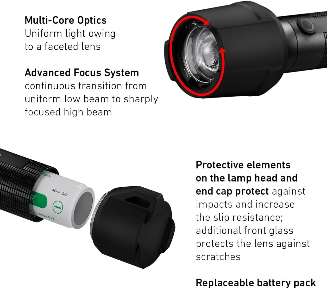 Torcia nera con batteria e tappo esposti. Lente sfaccettata e sistema di messa a fuoco.