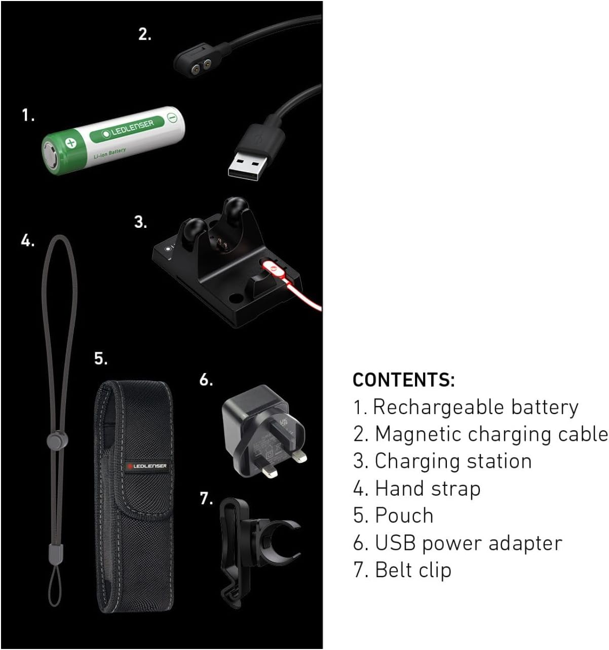 Accessori Ledlenser: batteria, cavo di ricarica, base di ricarica, laccetto, custodia, adattatore, clip.