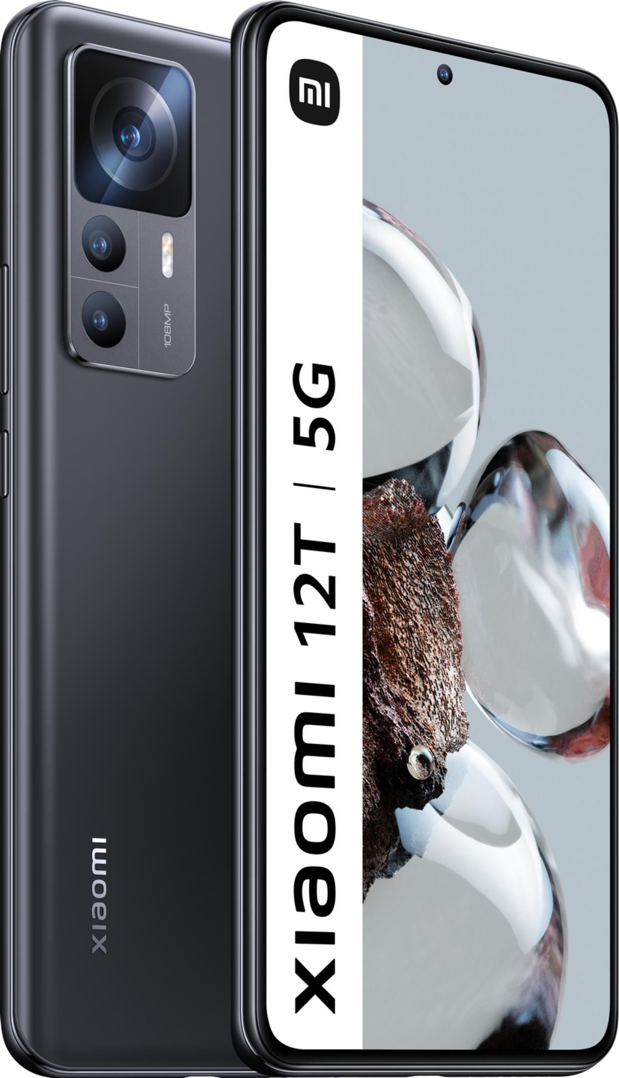 Ein dunkelgraues Xiaomi 12T 5G Smartphone im Winkel gezeigt, mit Dreifachkamera.