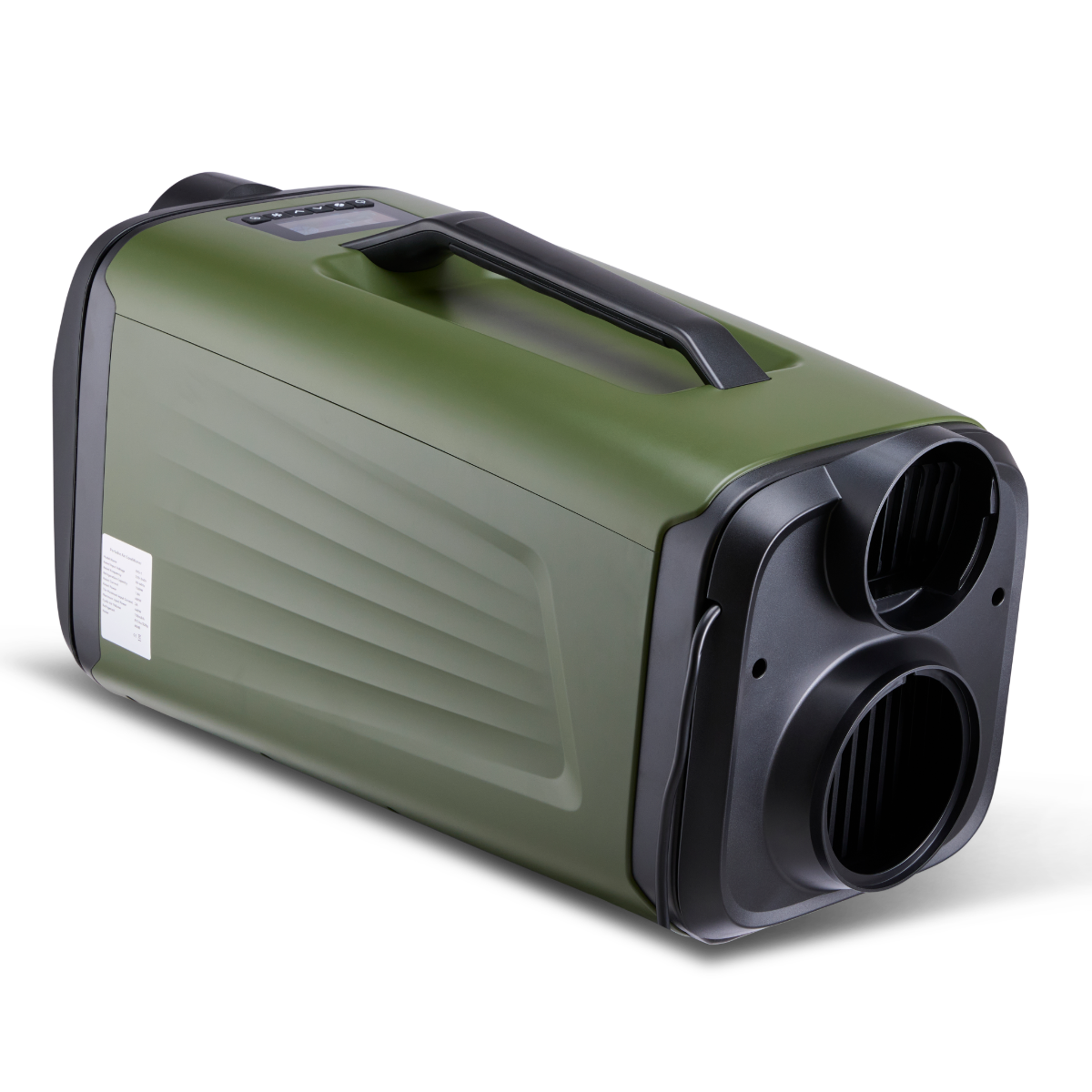 Un condizionatore portatile verde con manico nero e doppia uscita.