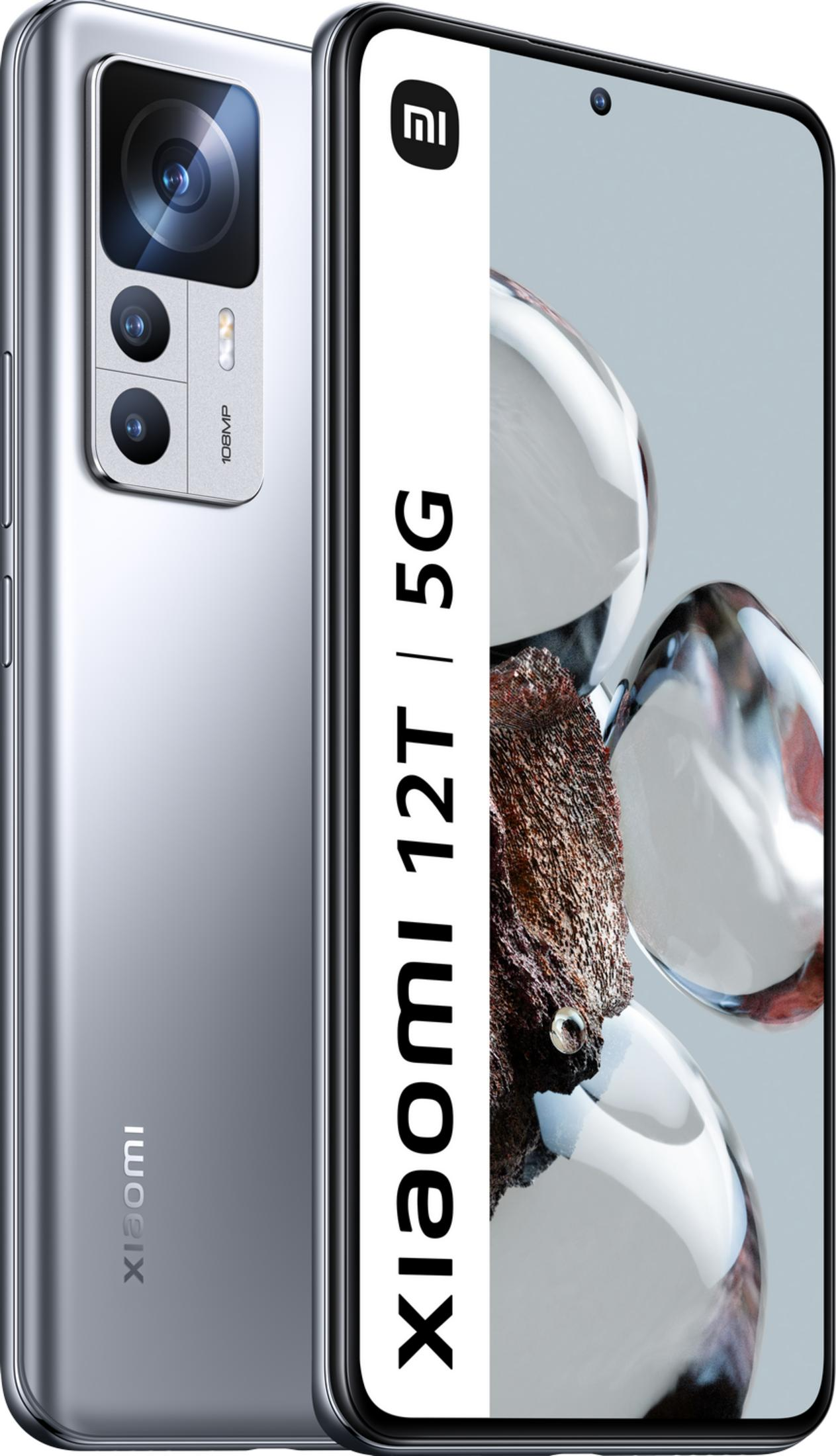 Ein silbernes Xiaomi 12T 5G Handy mit drei Kameras auf der Rückseite.