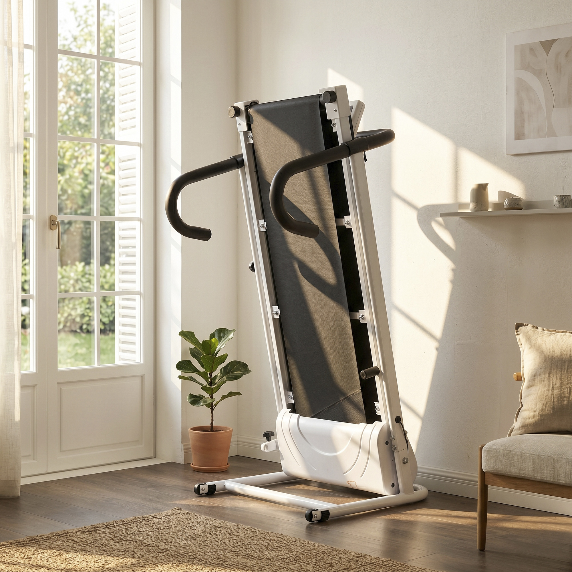 Una cinta de correr blanca está en una habitación con ventana grande y planta.