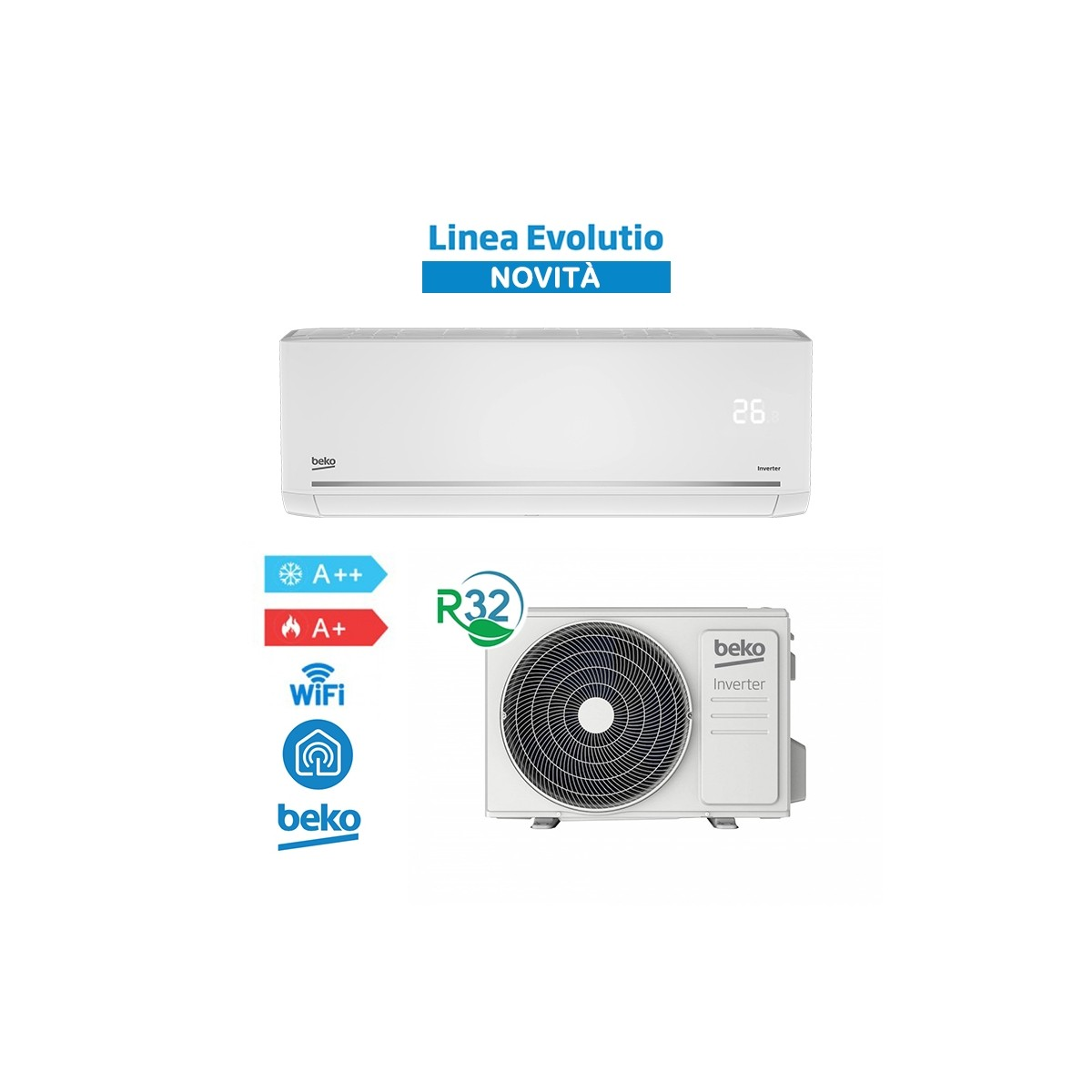 Unità di condizionatore Beko bianco, con unità interna ed esterna, classe energetica A++.
