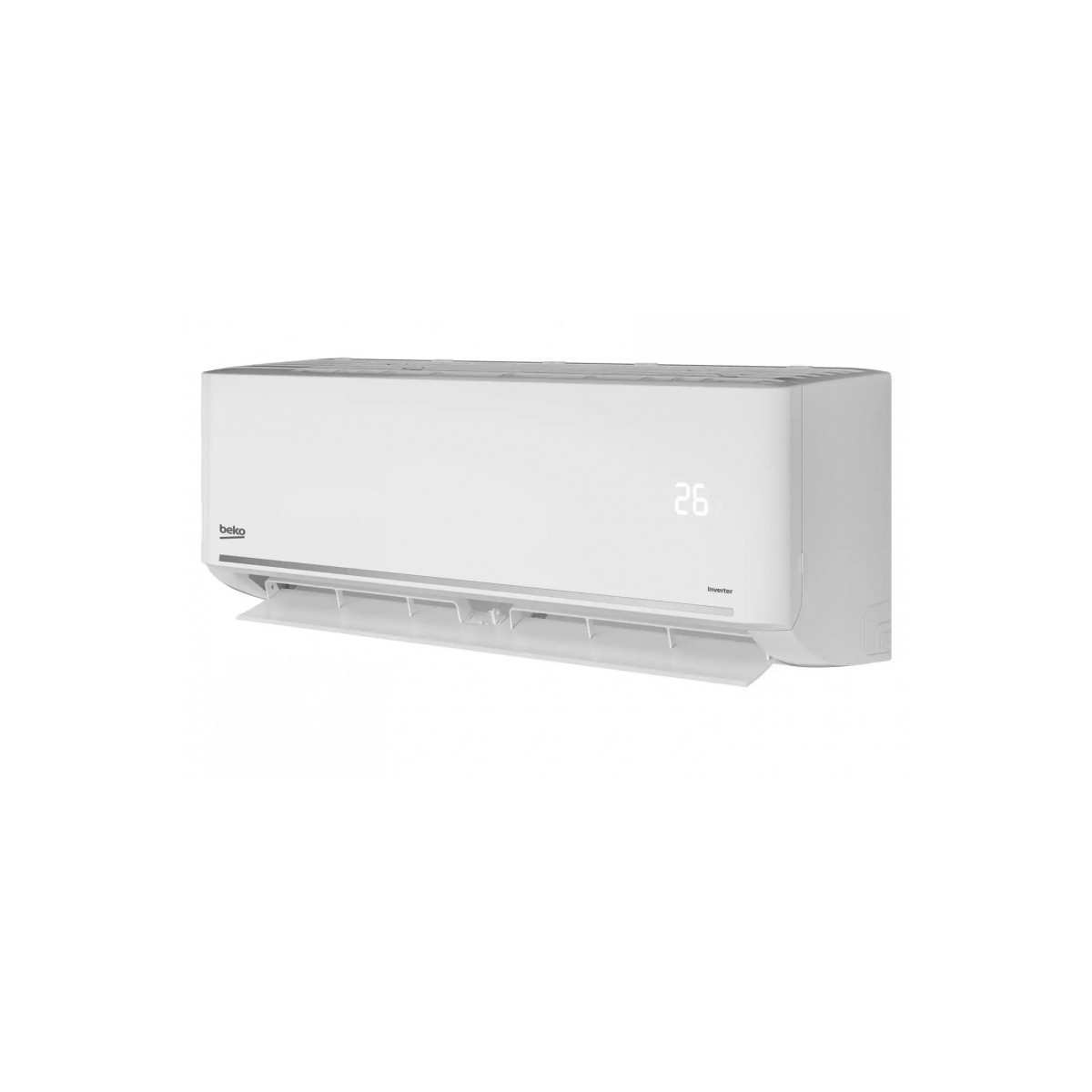 Un condizionatore Beko bianco con display digitale di 26 gradi.