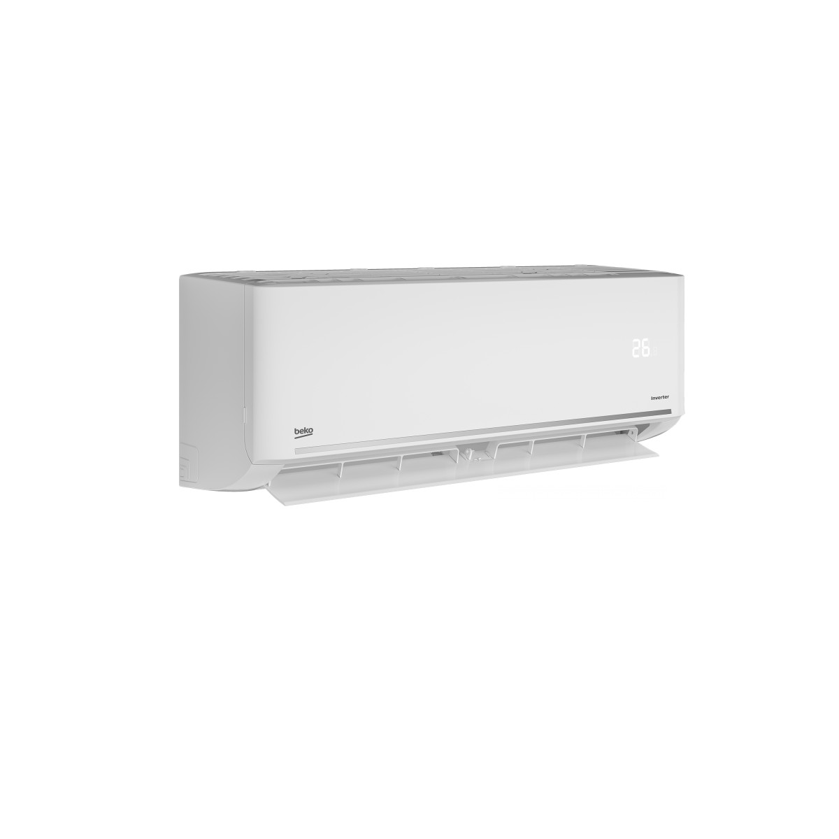 Un condizionatore Beko inverter bianco con display digitale che mostra 26 gradi.