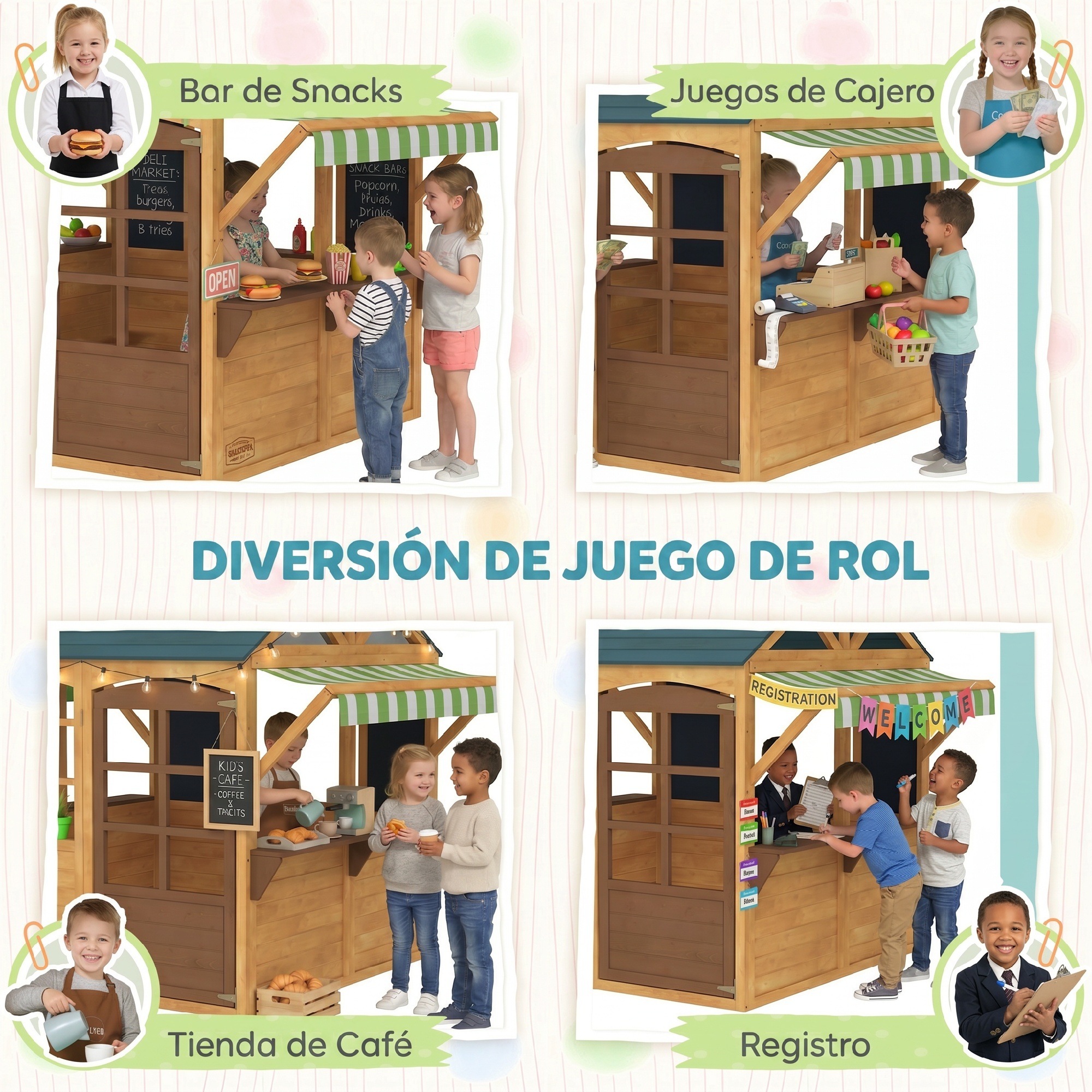 Niños juegan en una casa de juegos de madera como vendedores y clientes en cuatro escenarios.