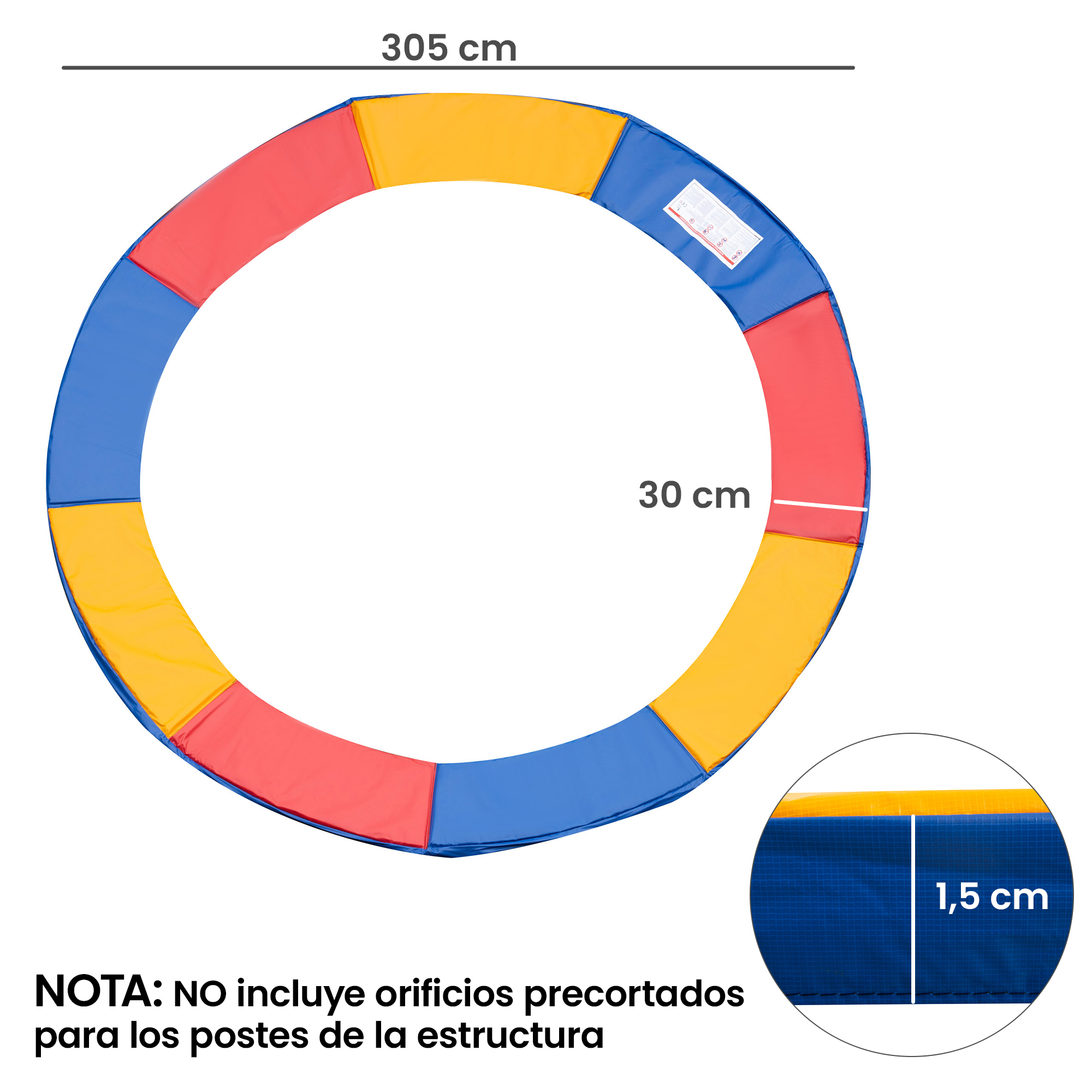 Funda redonda de seguridad para trampolín, con secciones rojas, amarillas y azules.