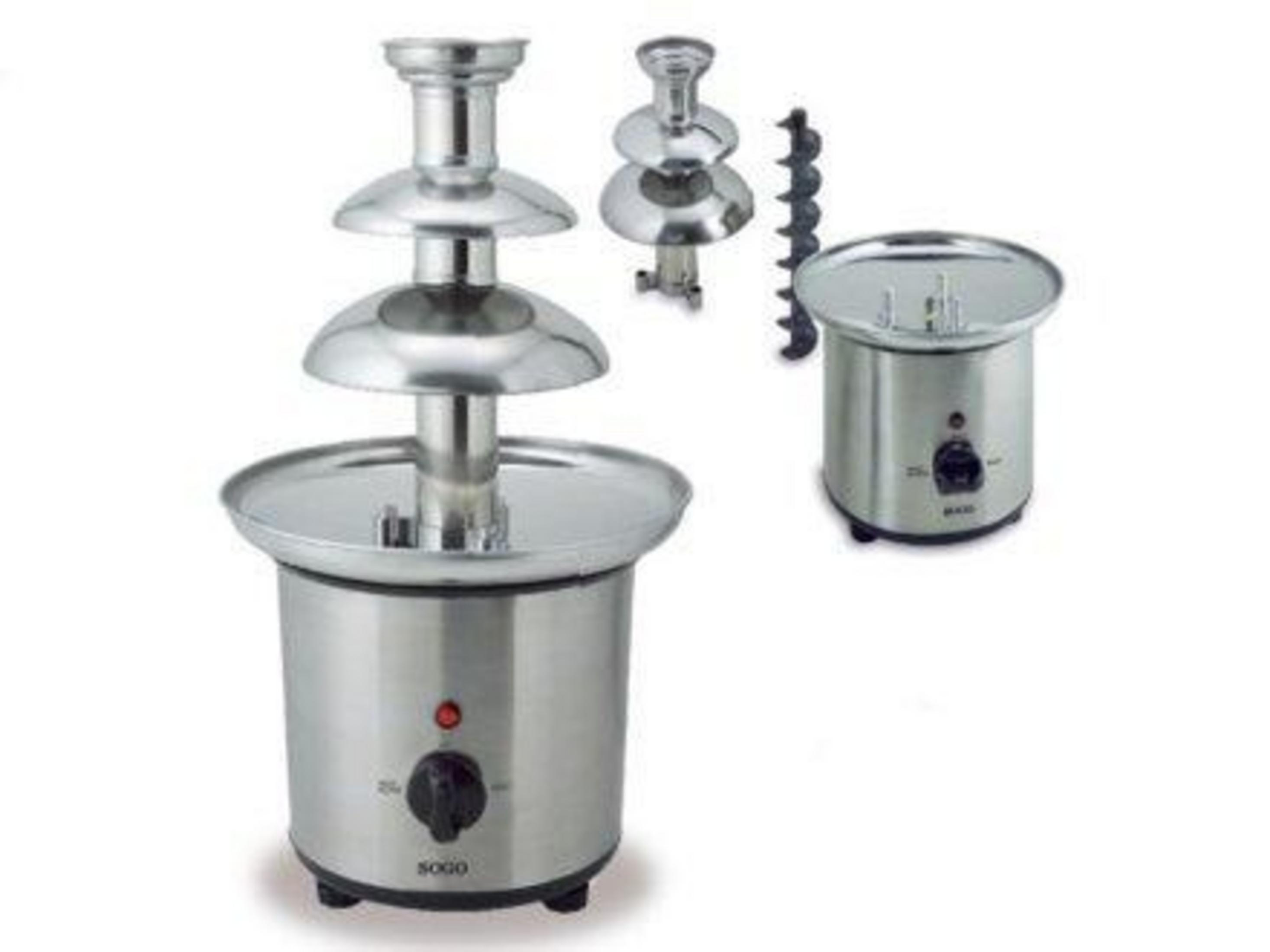 Fuente de chocolate de acero inoxidable con tres niveles y unidad de calentamiento.