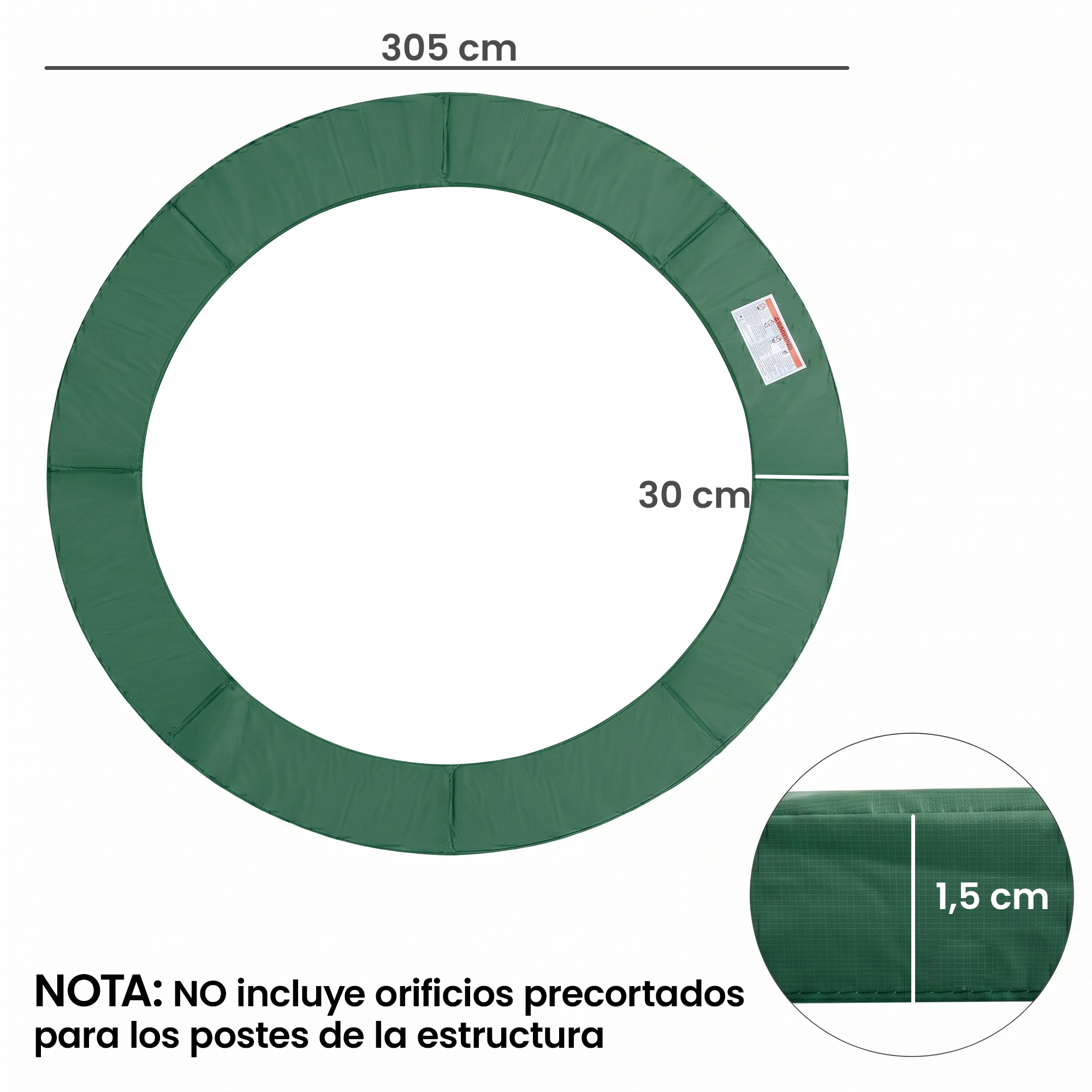 Cubierta de borde de trampolín redonda verde, 305cm diámetro, 30cm ancho, 1,5cm grosor.
