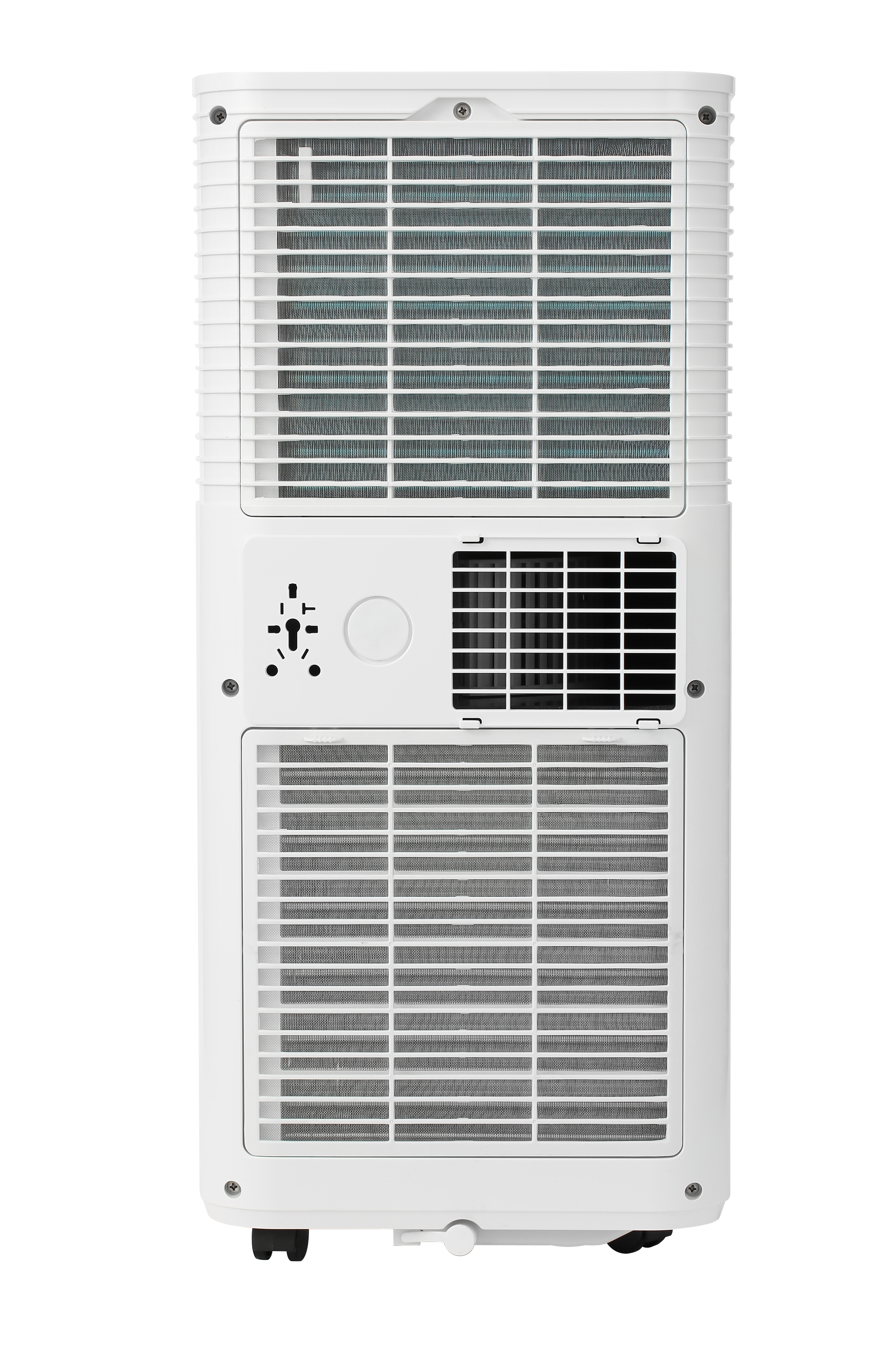 Retro di un condizionatore portatile bianco con griglie e ruote.