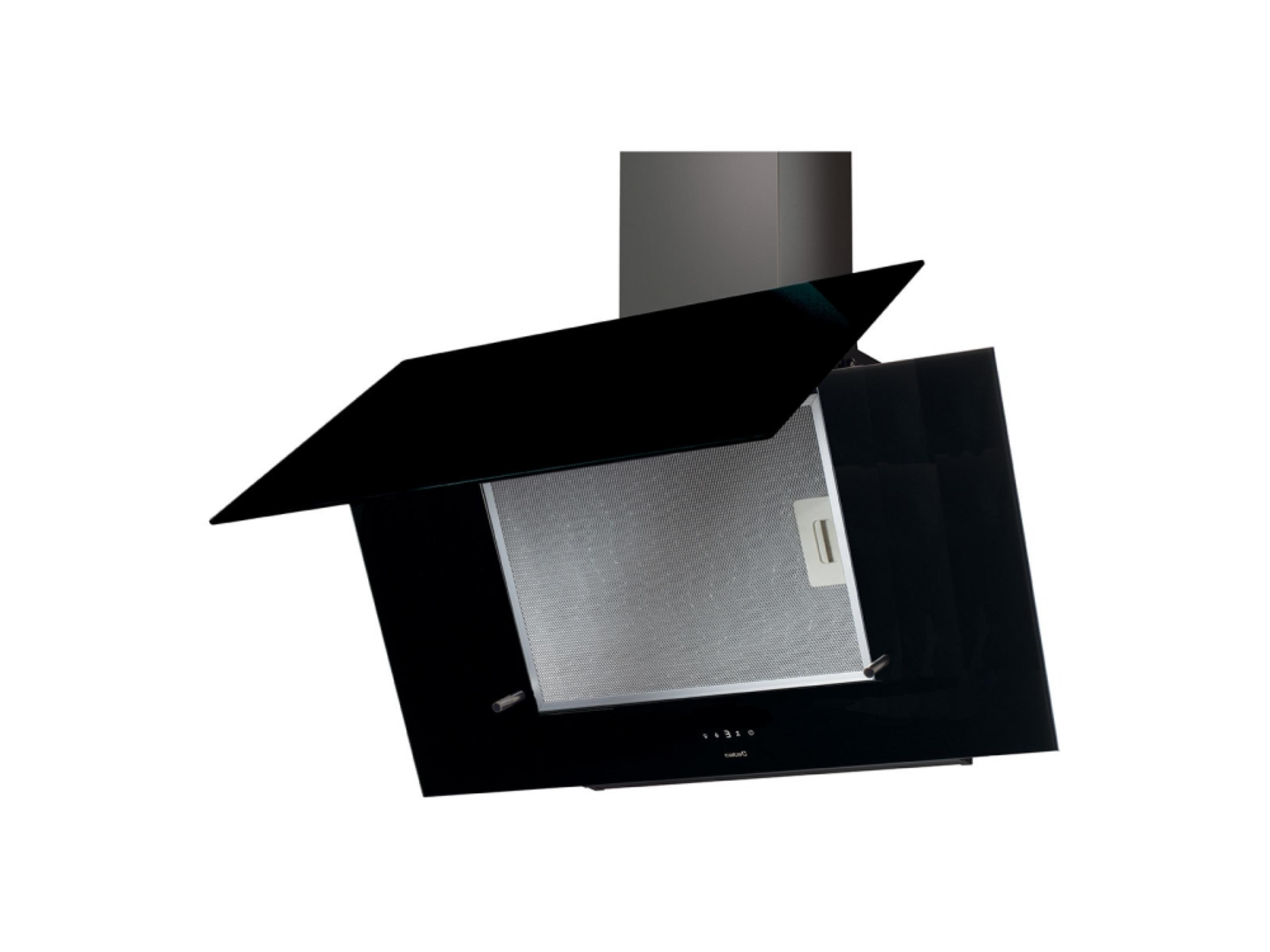 Campana extractora negra inclinada con filtro plateado y panel de control.