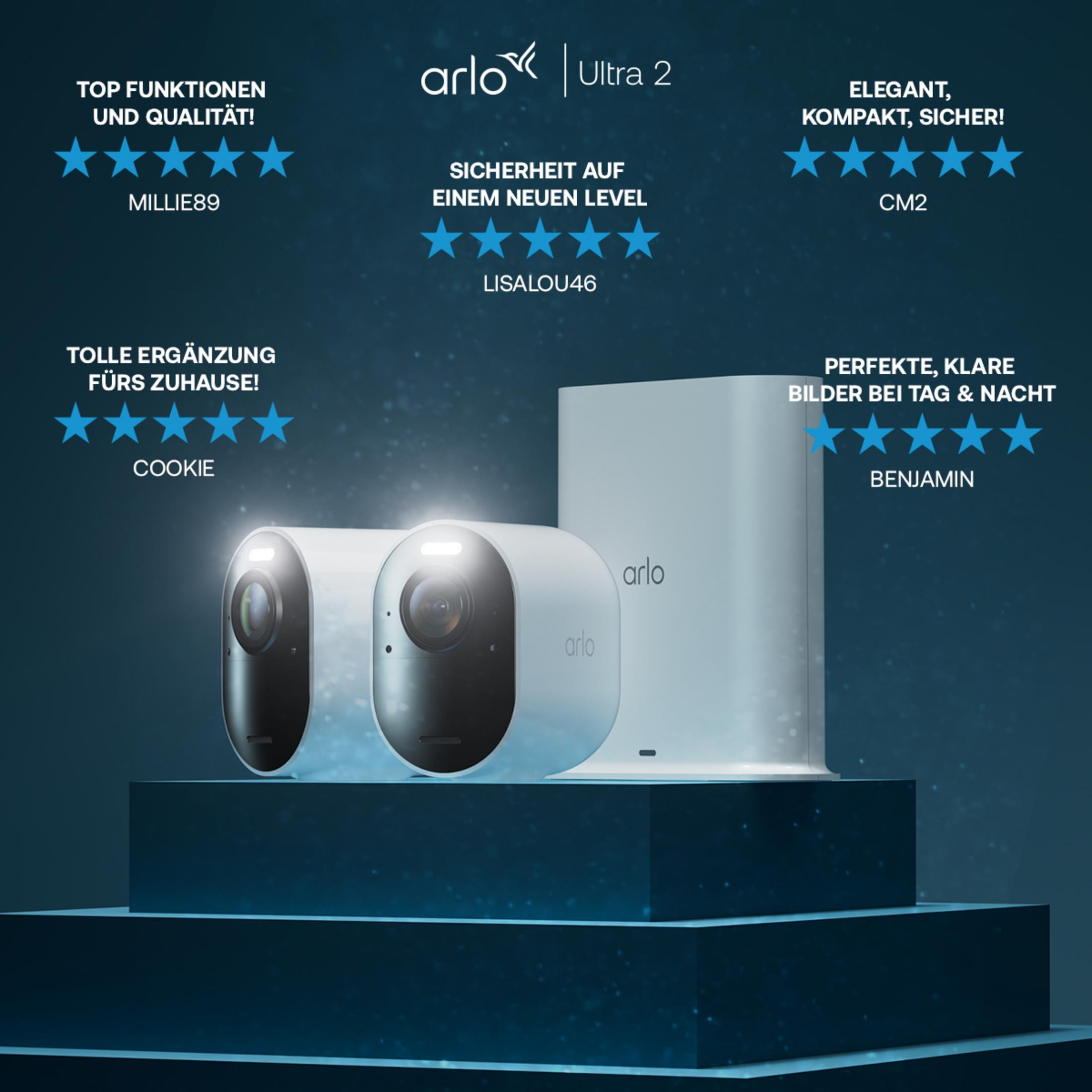 Arlo Ultra 2 Kameras auf einem blauen Podest. Mit Kundenbewertungen.