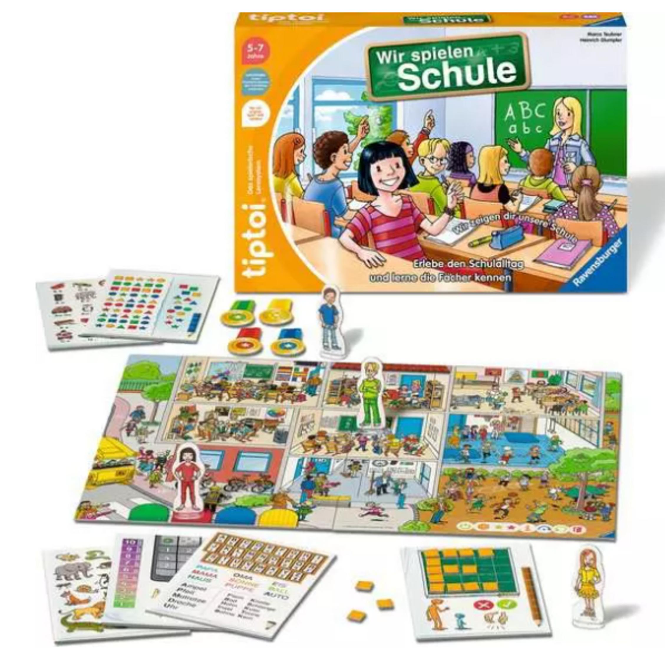 Tiptoi Schulspiel-Schachtel und geöffnetes Spielbrett mit Figuren und Karten.
