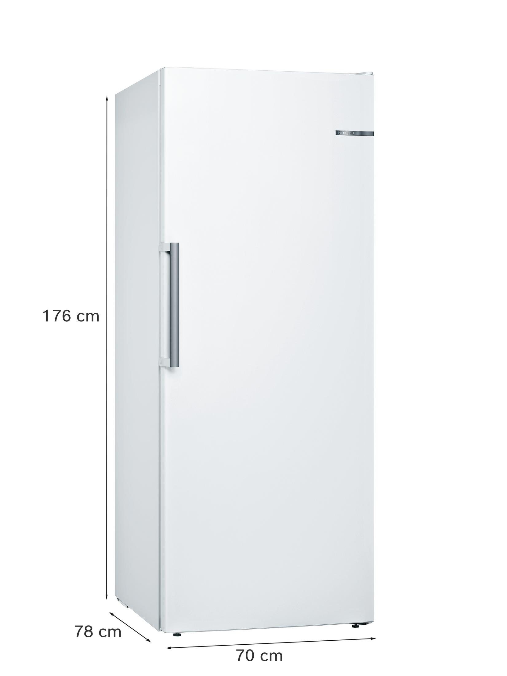 Ein weißer Kühlschrank mit silbernem Griff und Maßangaben.