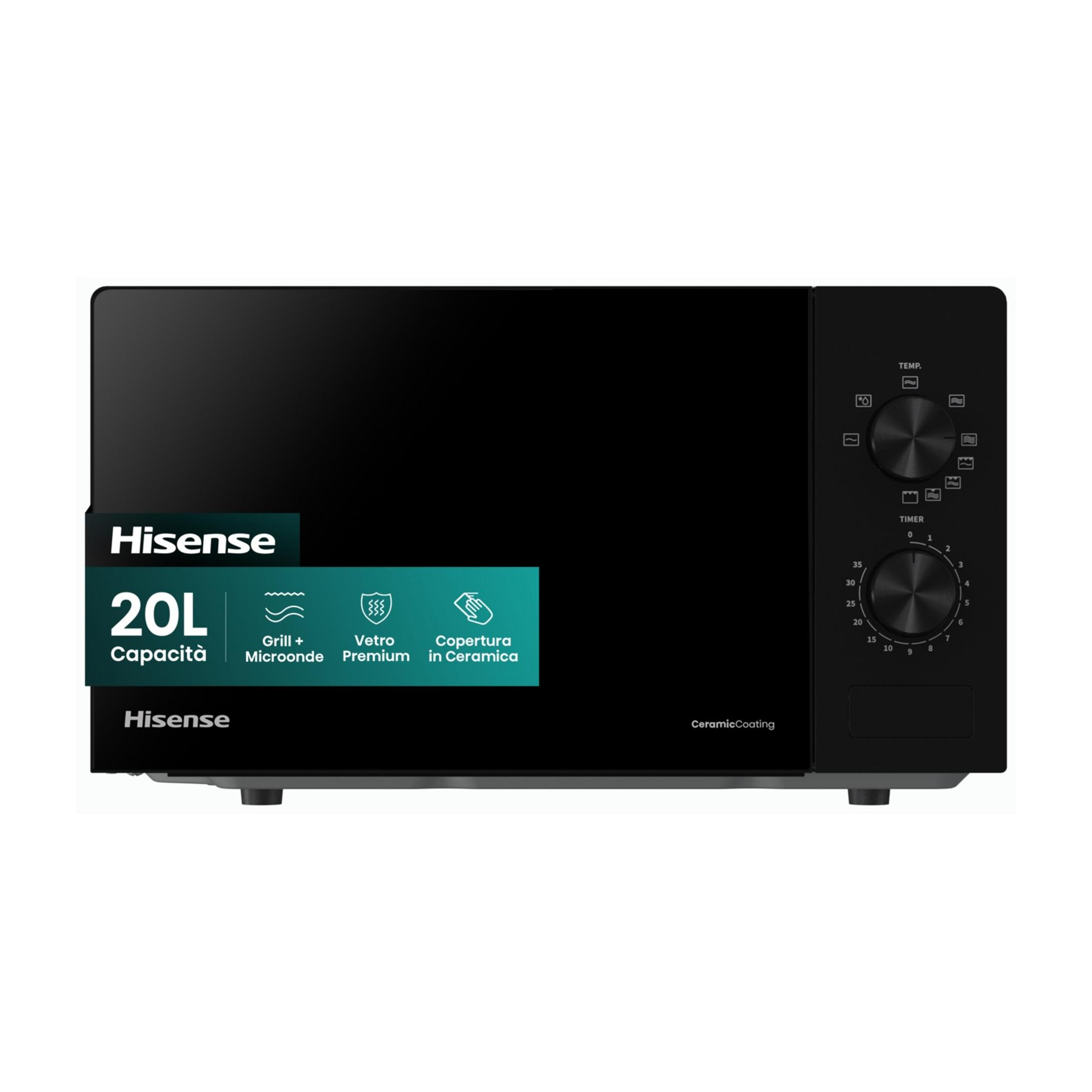 Czarna kuchenka mikrofalowa Hisense 20L z pokrętłami sterującymi i cyfrowym wyświetlaczem.