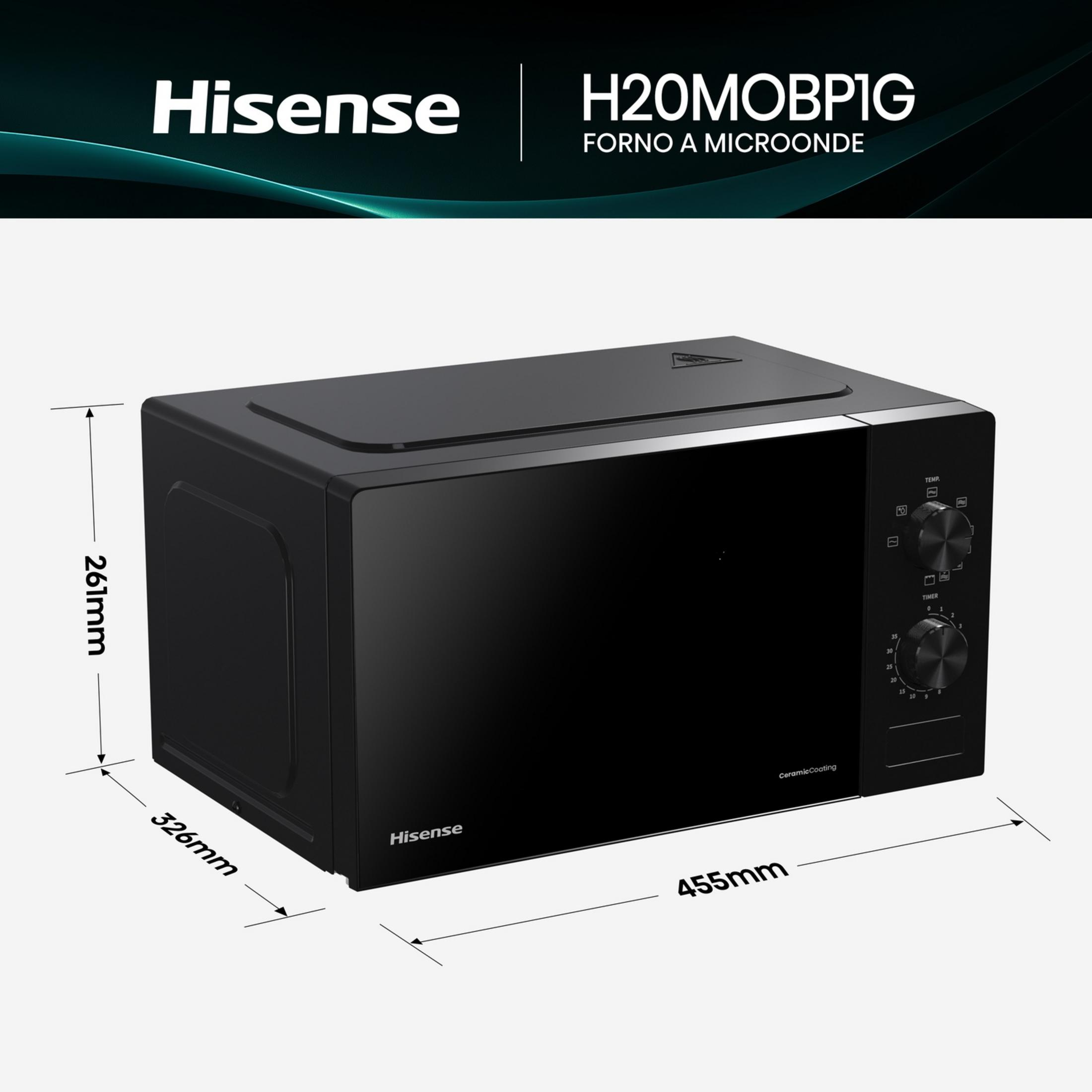 Czarna kuchenka mikrofalowa Hisense, wymiary 455x326x261mm, z pokrętłami.